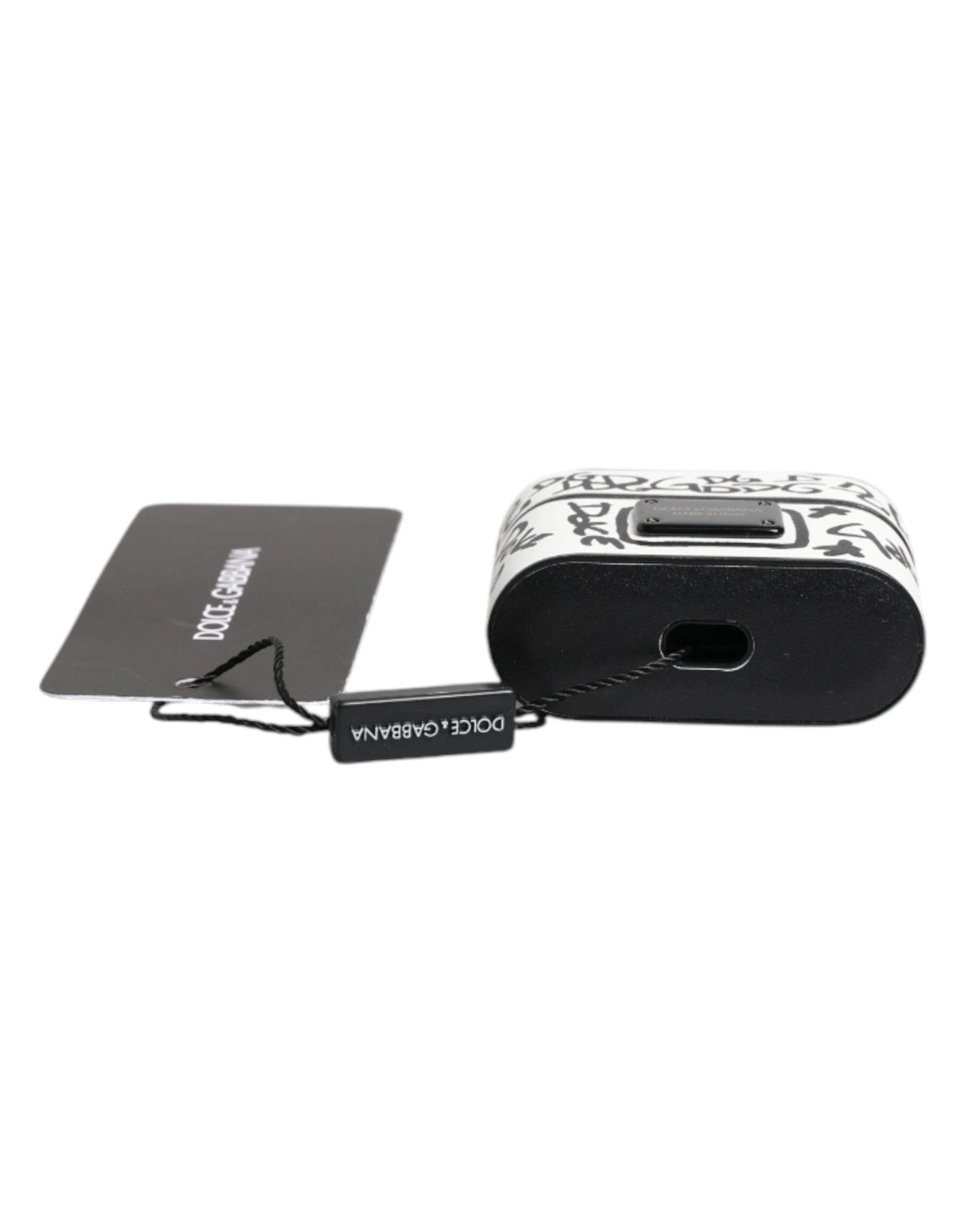 Dolce & Gabbana Black White Leather Scribble Embossed Logo Airpods Case by Dolce & Gabbana