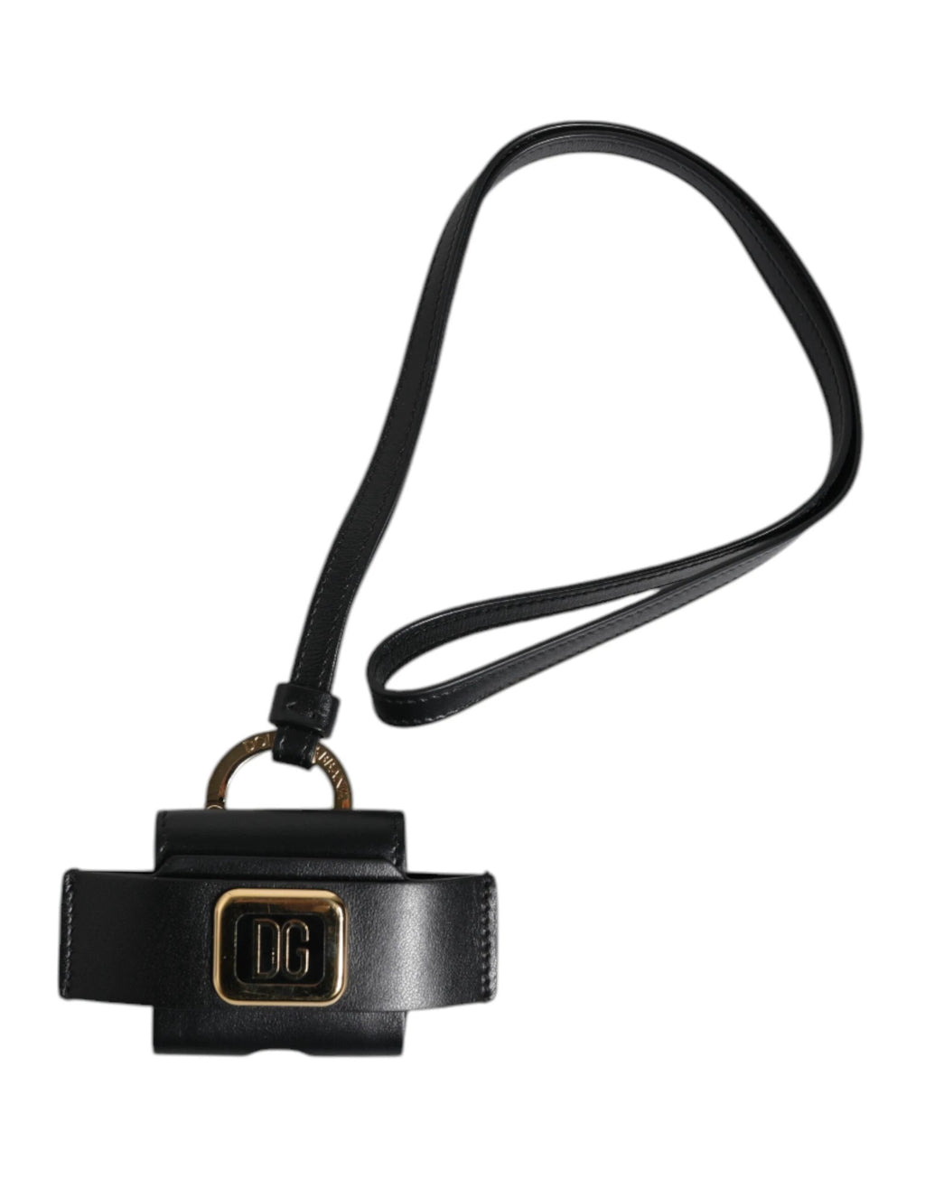 Dolce & Gabbana Black Leather Strap Gold Metal Logo Plaque Airpods Case by Dolce & Gabbana