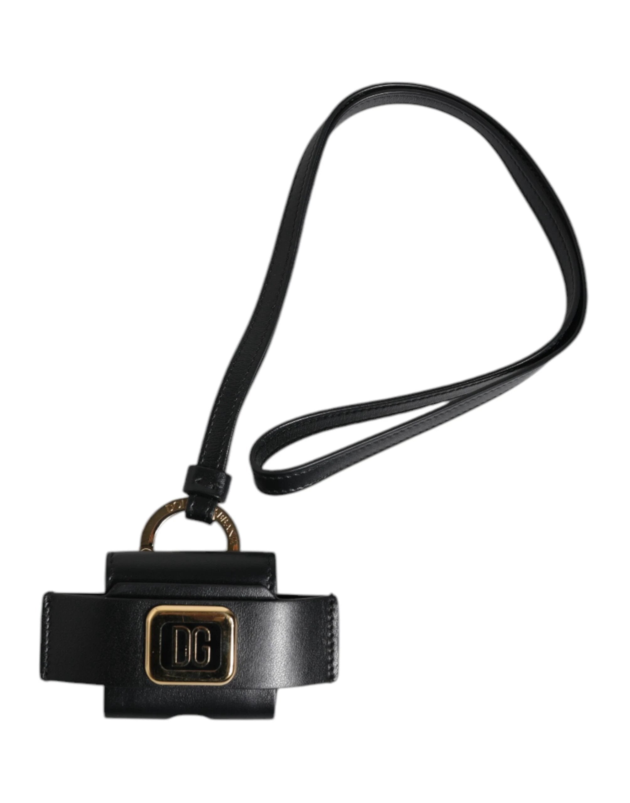 Dolce & Gabbana Black Leather Strap Gold Metal Logo Plaque Airpods Case by Dolce & Gabbana