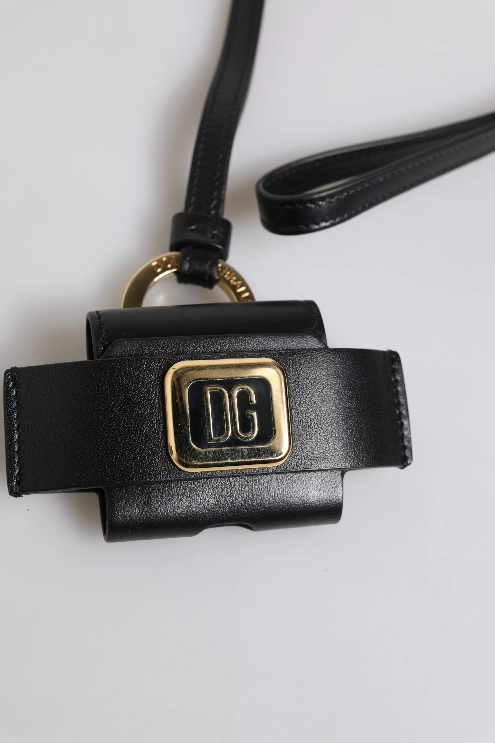 Dolce & Gabbana Black Leather Strap Gold Metal Logo Plaque Airpods Case by Dolce & Gabbana