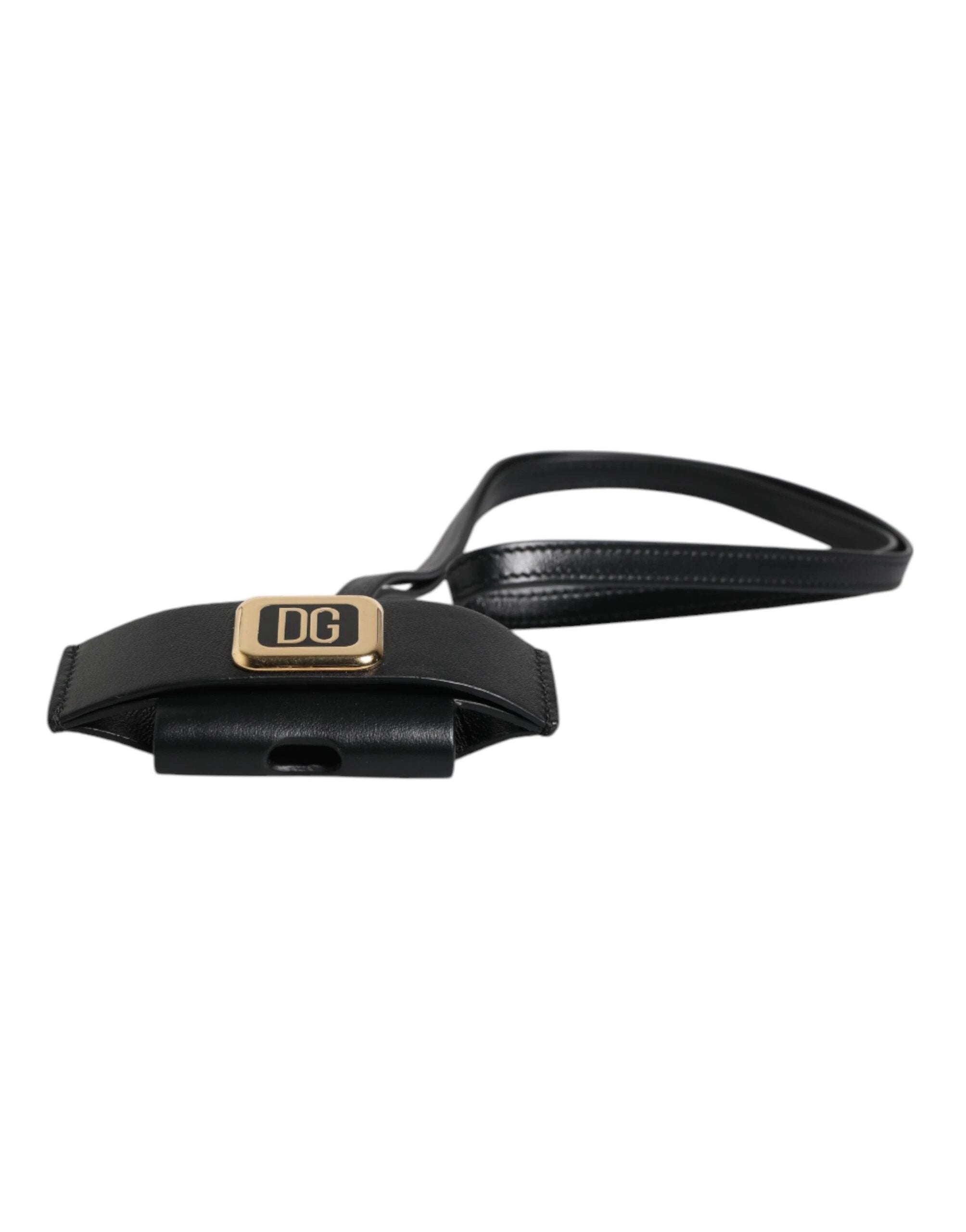 Dolce & Gabbana Black Leather Strap Gold Metal Logo Plaque Airpods Case by Dolce & Gabbana
