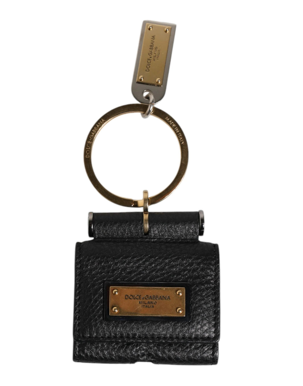 Dolce & Gabbana Black Leather Strap Gold Metal Logo Plaque Airpods Case by Dolce & Gabbana