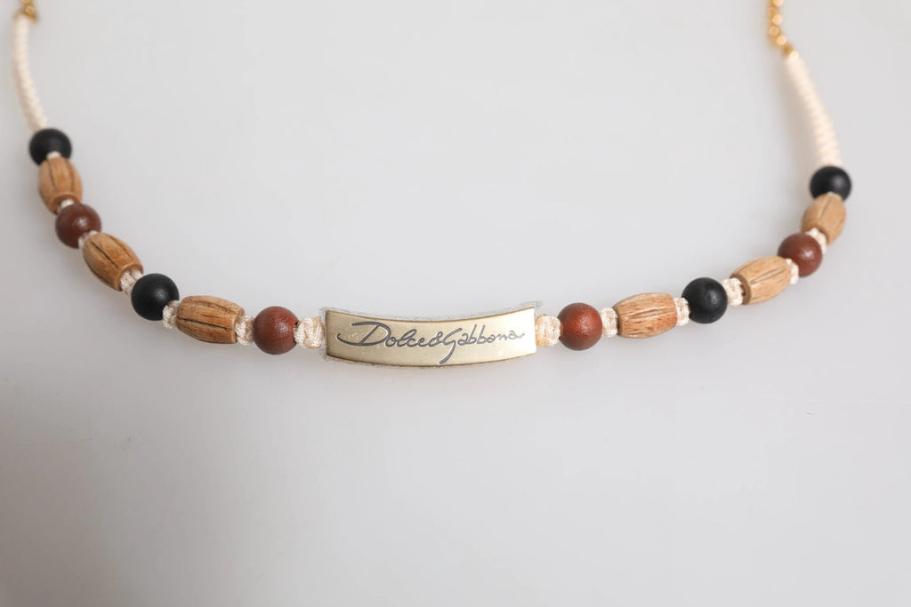 Dolce & Gabbana Black Gold Wooden Beaded Logo Pendant Necklace by Dolce & Gabbana