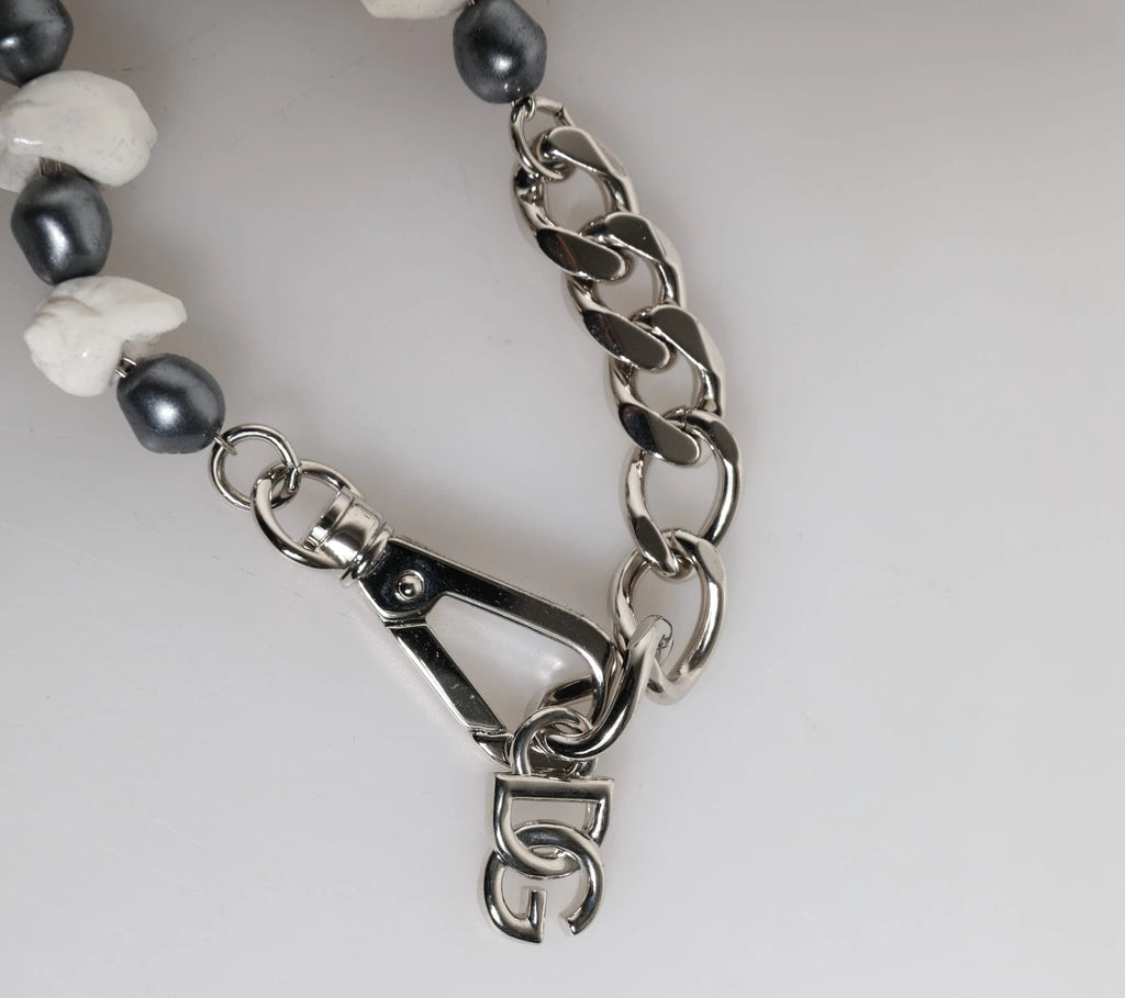 Dolce & Gabbana Silver Tone Brass Beaded Shell DG Logo Pendant Bracelet by Dolce & Gabbana
