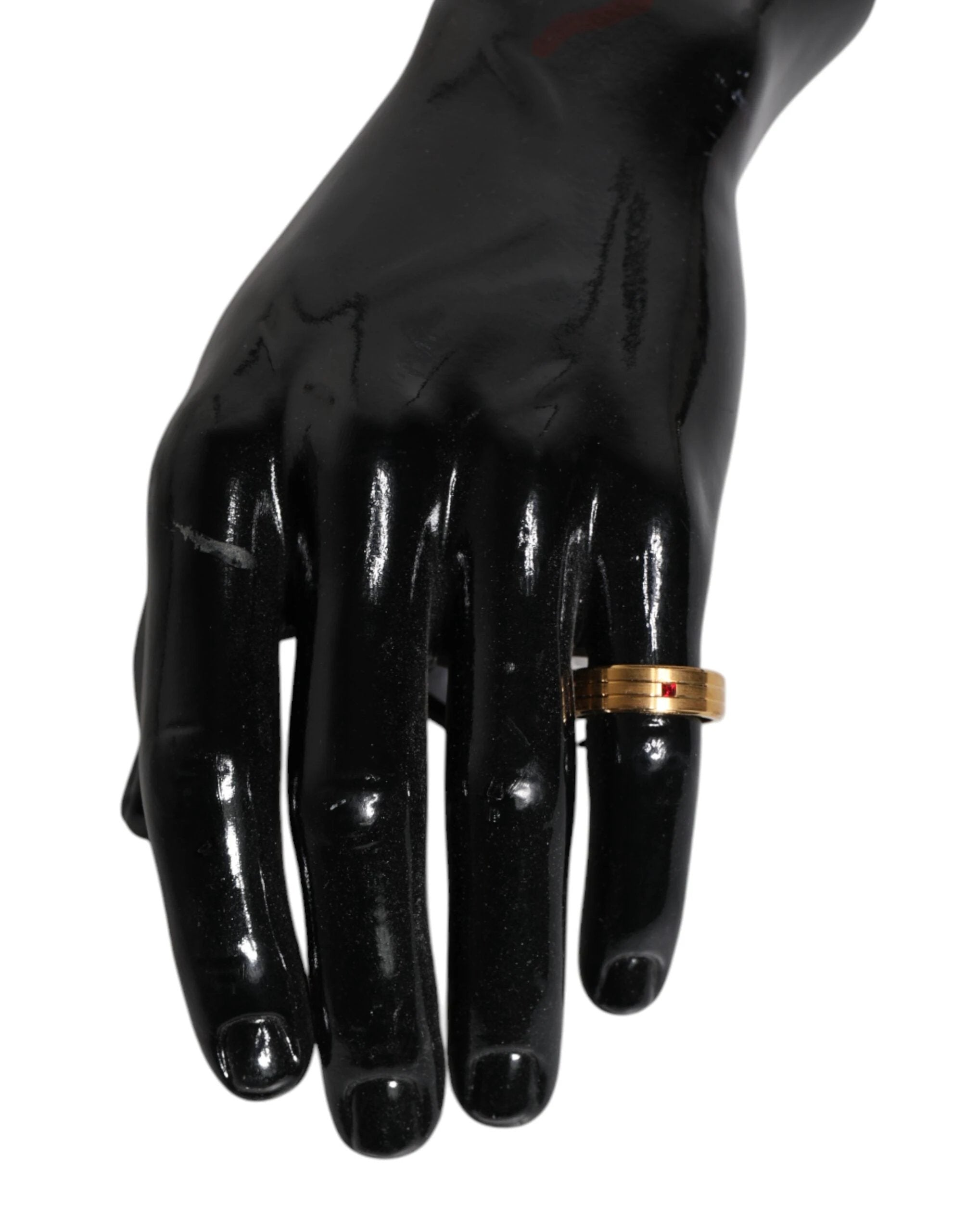 Dolce & Gabbana Gold Tone Brass Red Crystal DG Logo Ring by Dolce & Gabbana