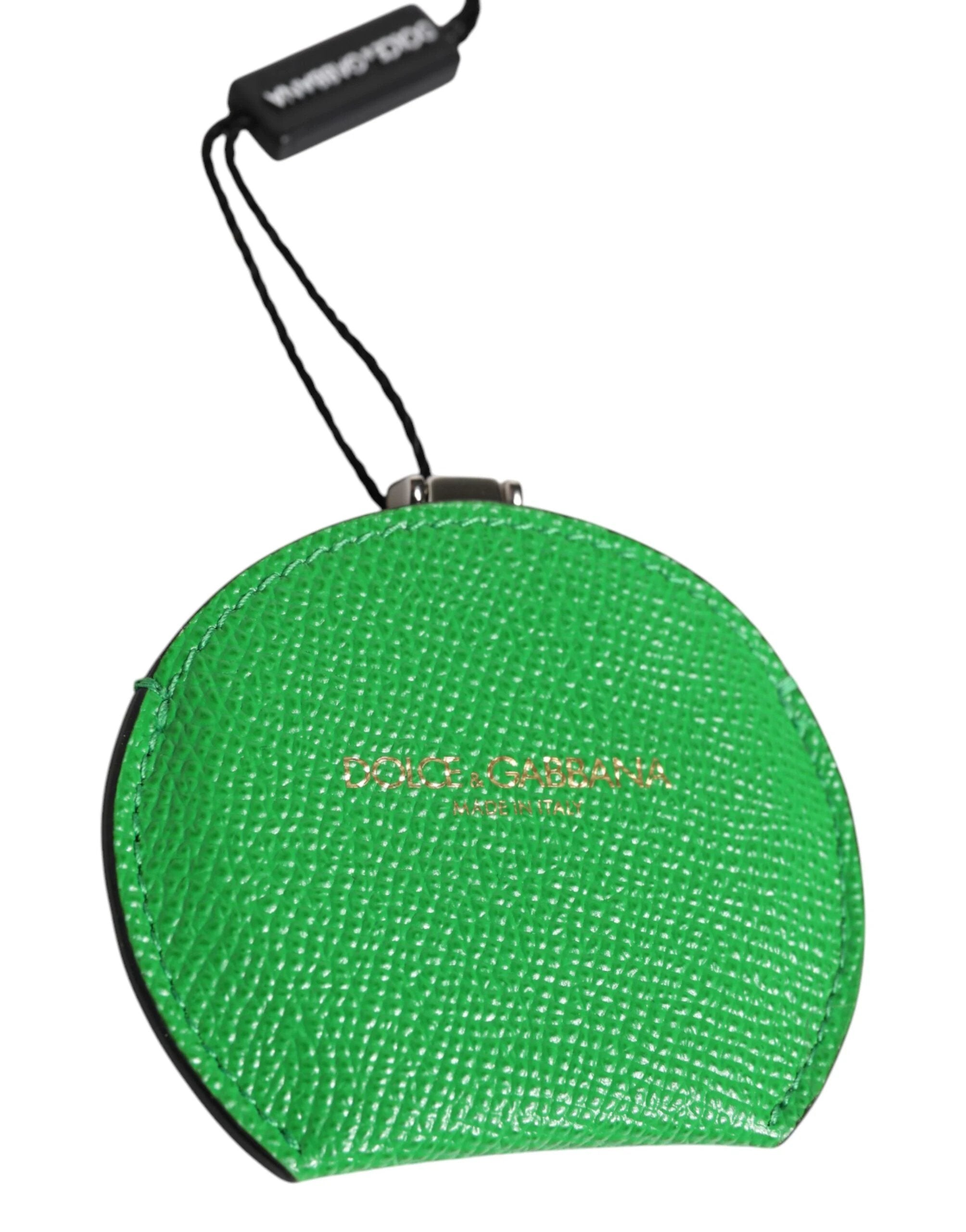 Dolce & Gabbana Green Calfskin Leather Round Logo Hand Mirror Holder by Dolce & Gabbana