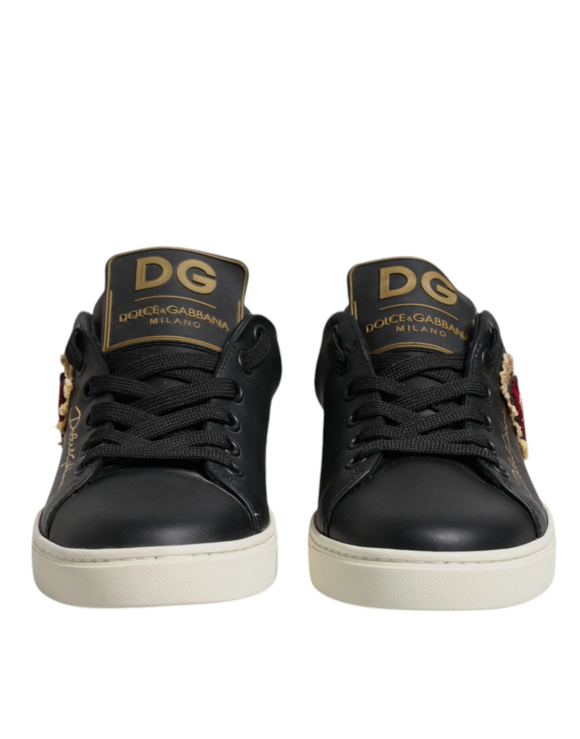 Dolce & Gabbana Black Leather Gold Red Heart Sneakers Shoes by Dolce & Gabbana
