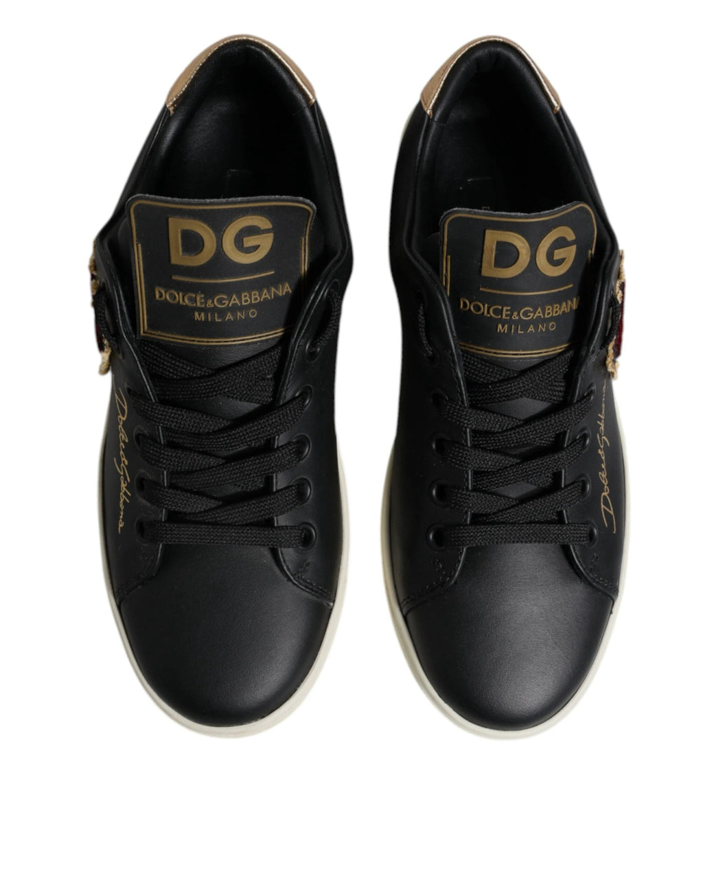 Dolce & Gabbana Black Leather Gold Red Heart Sneakers Shoes by Dolce & Gabbana