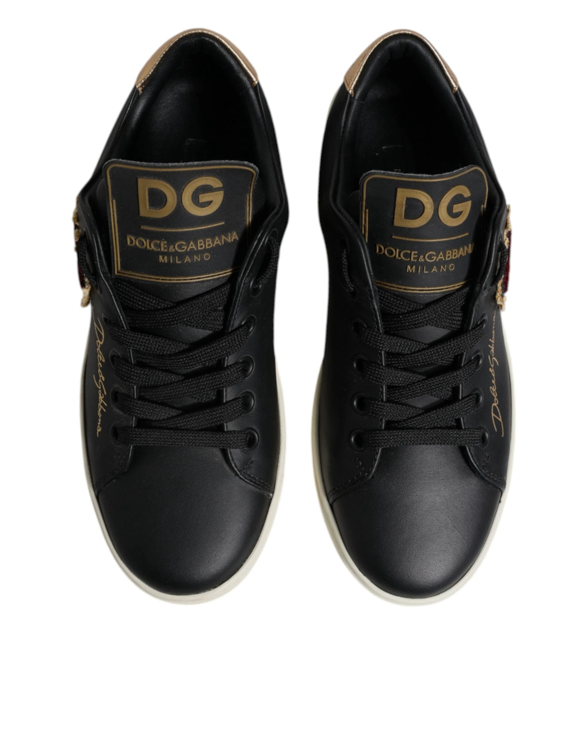 Dolce & Gabbana Black Leather Gold Red Heart Sneakers Shoes by Dolce & Gabbana