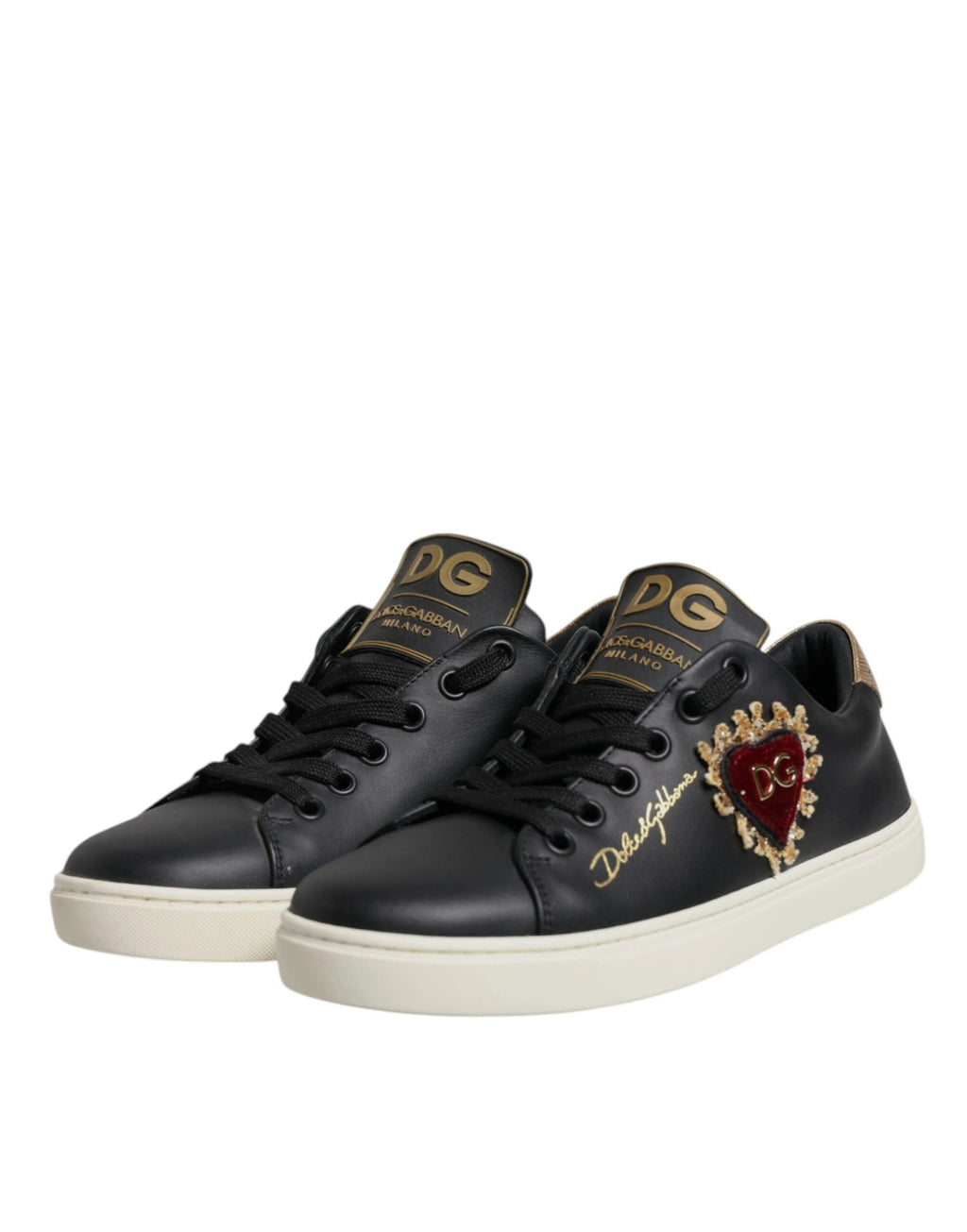 Dolce & Gabbana Black Leather Gold Red Heart Sneakers Shoes by Dolce & Gabbana
