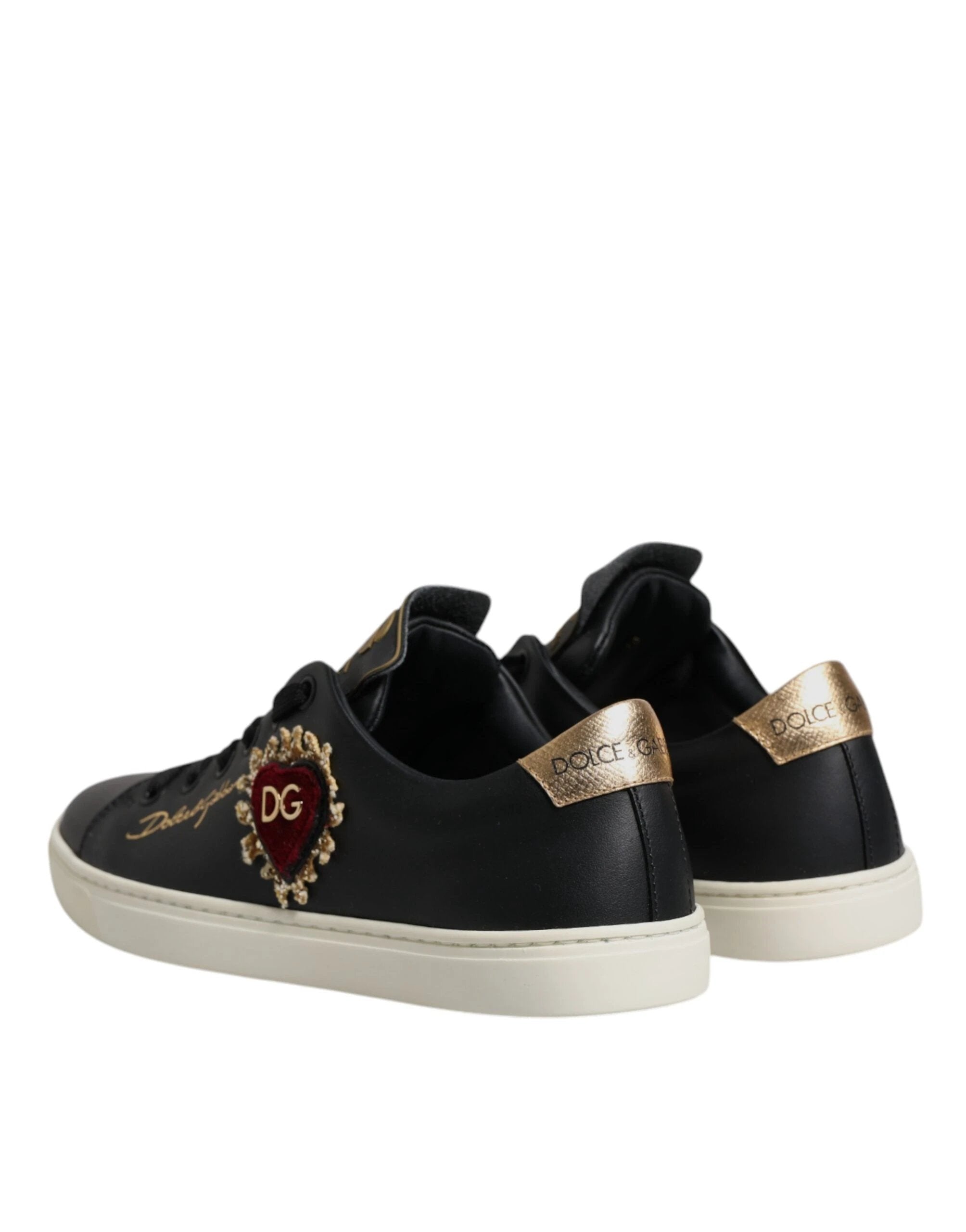 Dolce & Gabbana Black Leather Gold Red Heart Sneakers Shoes by Dolce & Gabbana