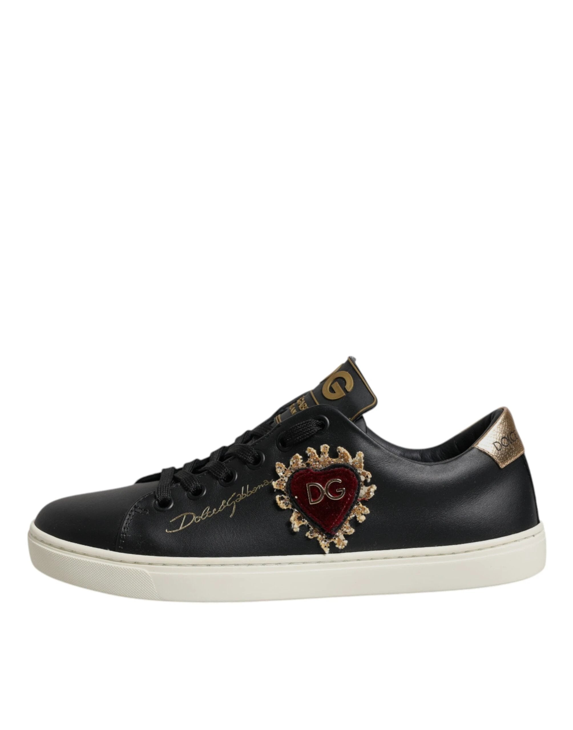 Dolce & Gabbana Black Leather Gold Red Heart Sneakers Shoes by Dolce & Gabbana