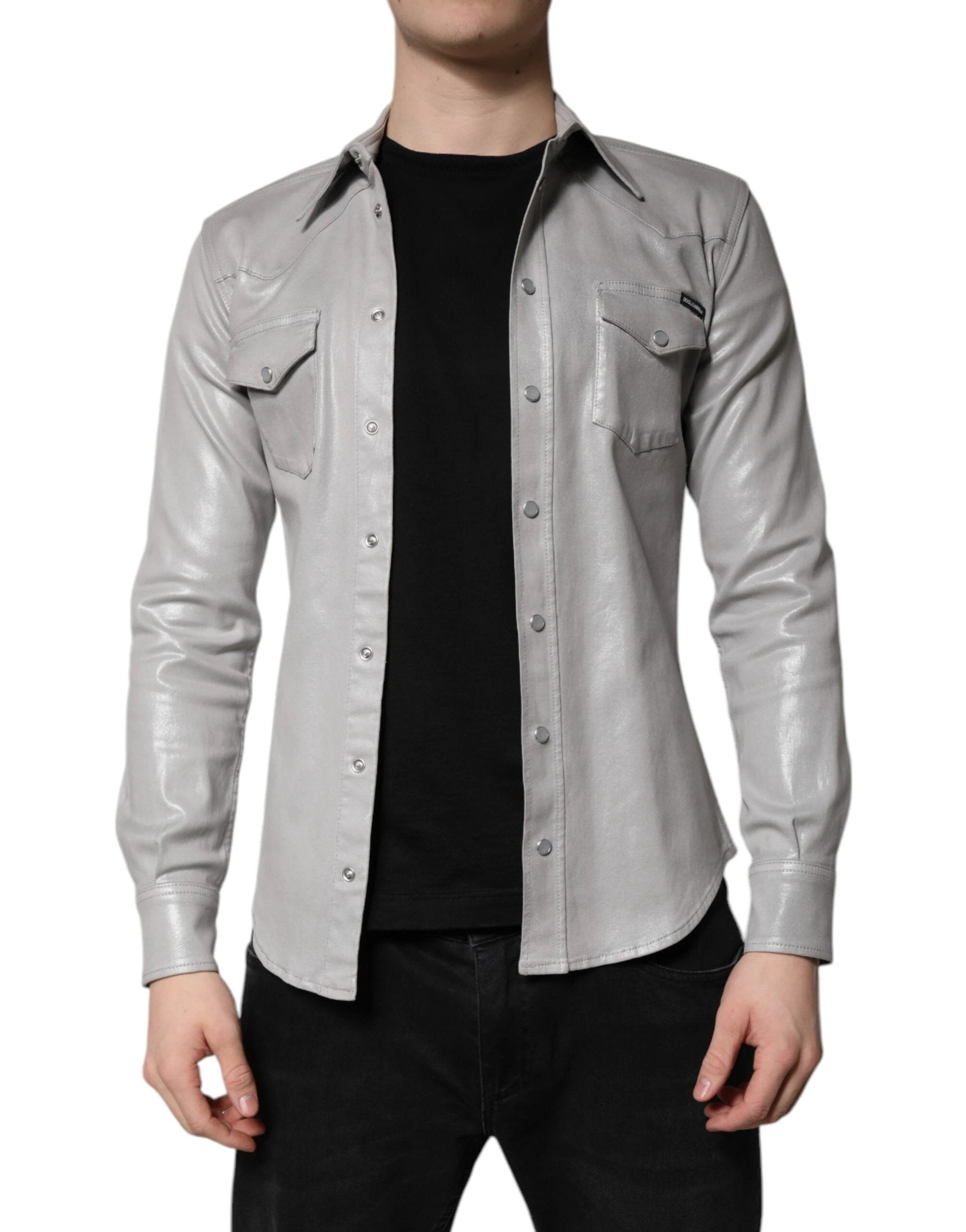 Dolce & Gabbana Metallic Gray Cotton Button Down Shirt by Dolce & Gabbana