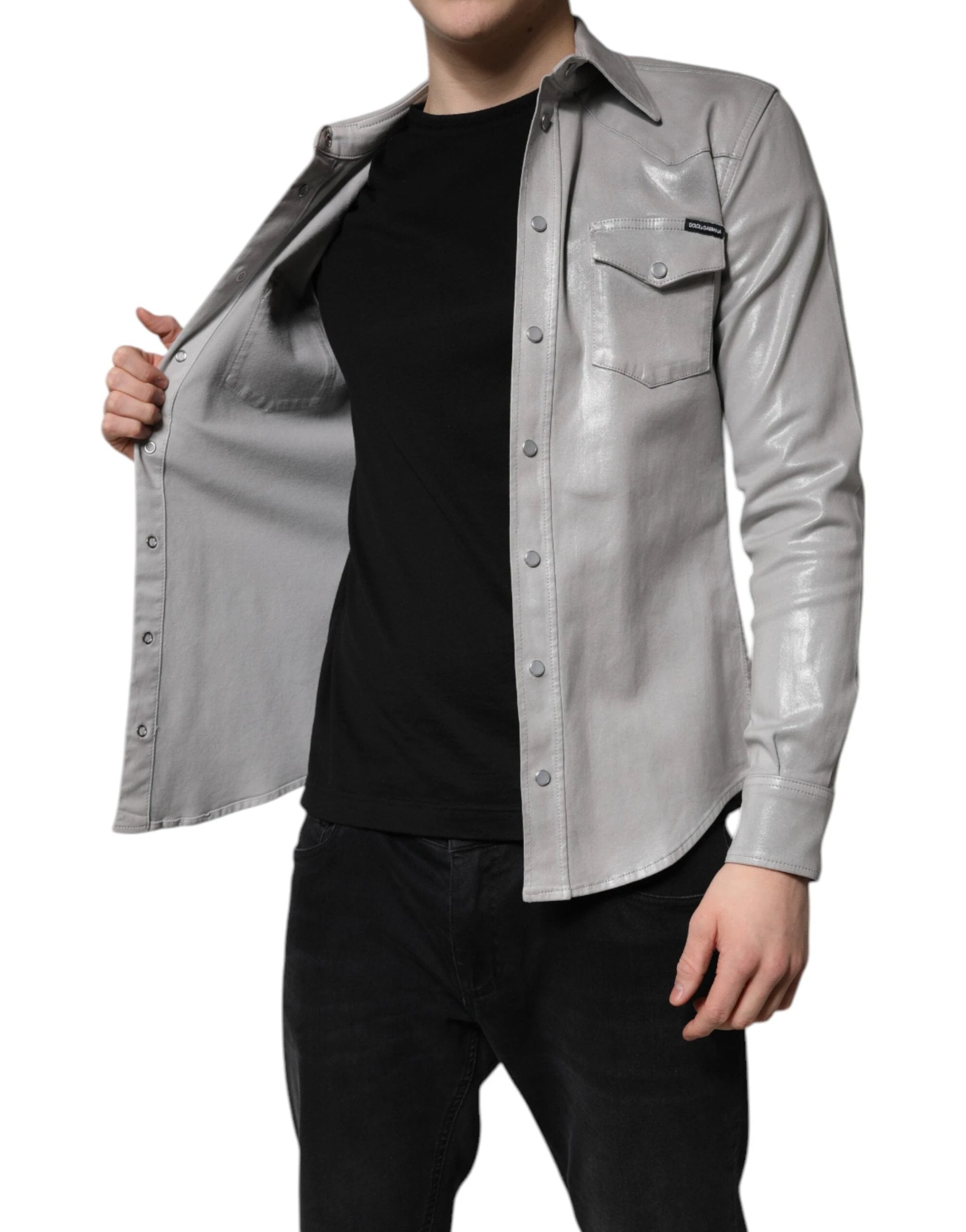 Dolce & Gabbana Metallic Gray Cotton Button Down Shirt by Dolce & Gabbana