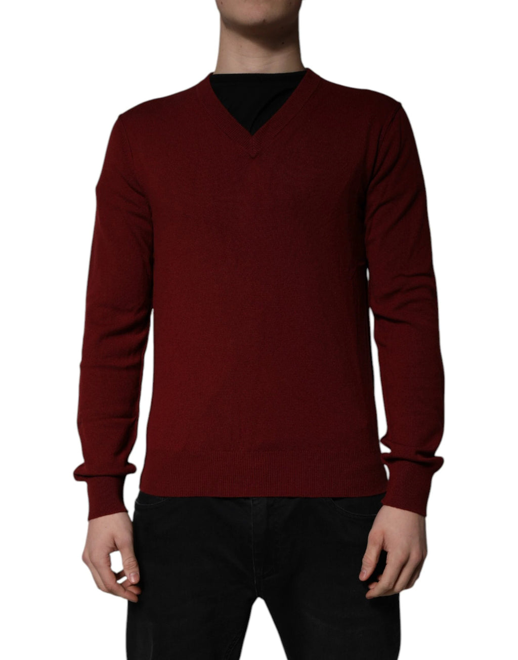 Dolce & Gabbana Maroon Cashmere V-neck Men Pullover Sweater by Dolce & Gabbana