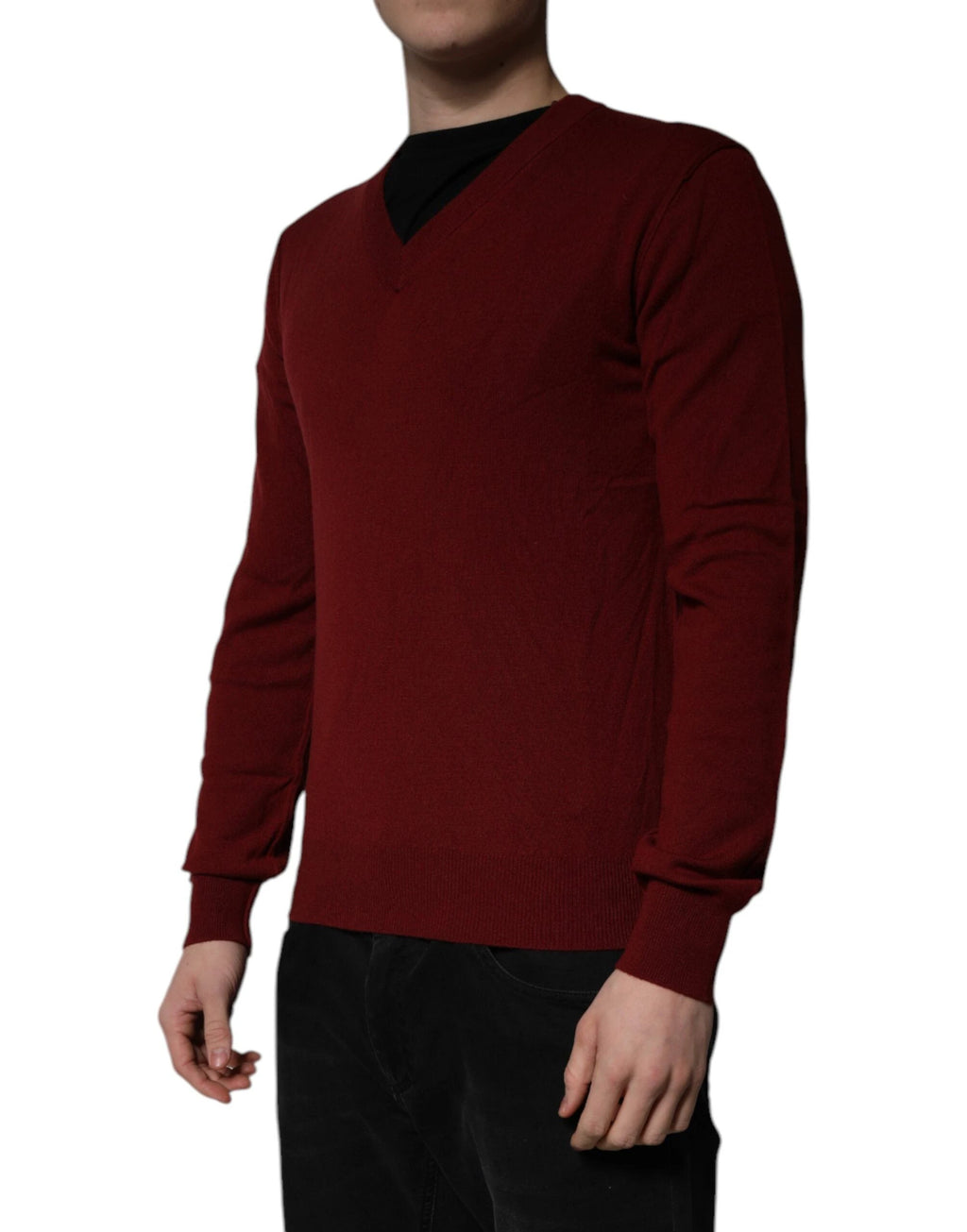 Dolce & Gabbana Maroon Cashmere V-neck Men Pullover Sweater by Dolce & Gabbana
