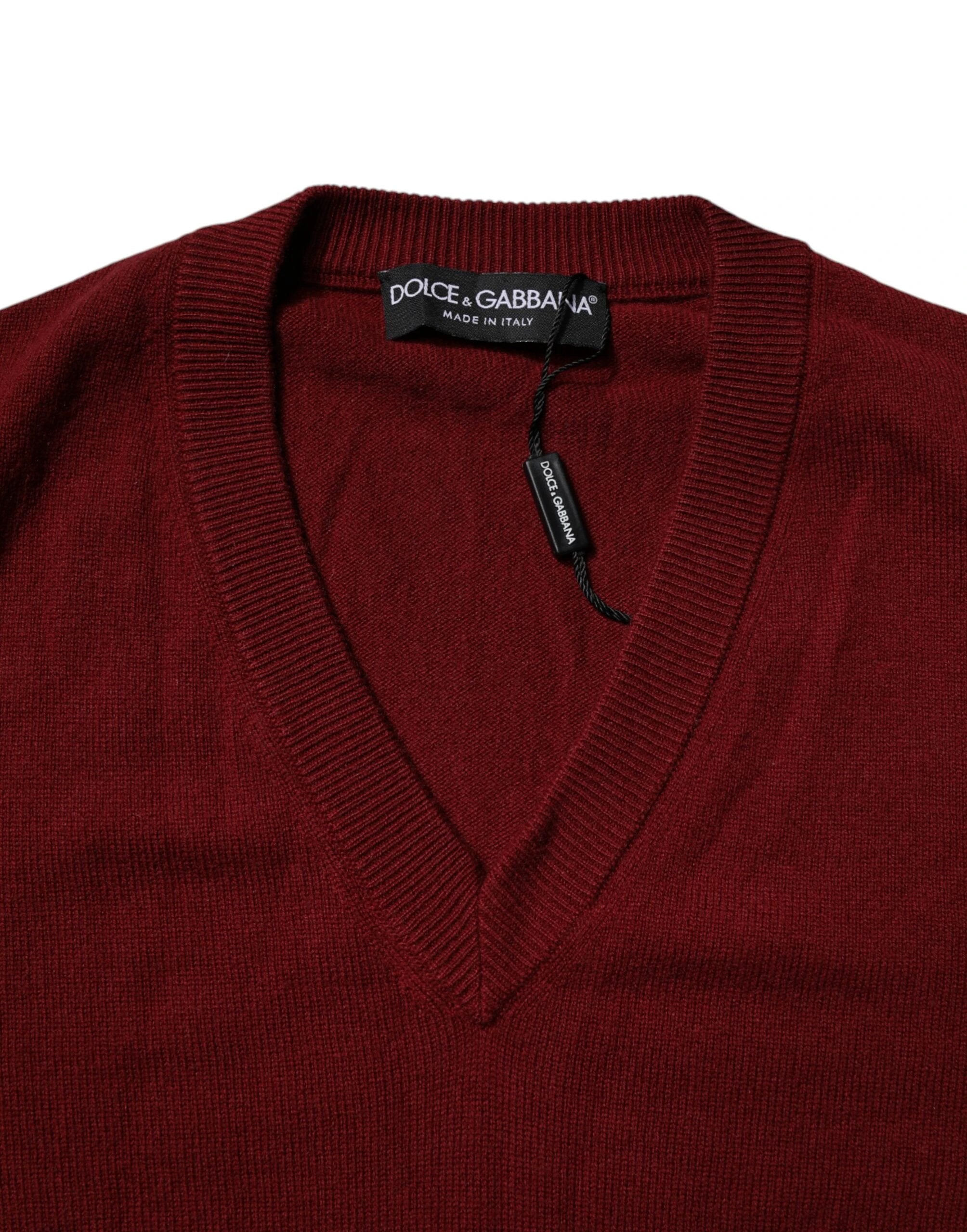 Dolce & Gabbana Maroon Cashmere V-neck Men Pullover Sweater by Dolce & Gabbana