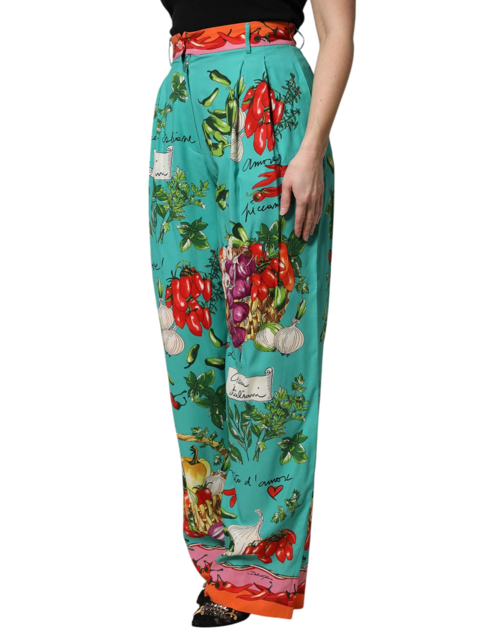 Dolce & Gabbana Green Silk Printed Straight Pants by Dolce & Gabbana