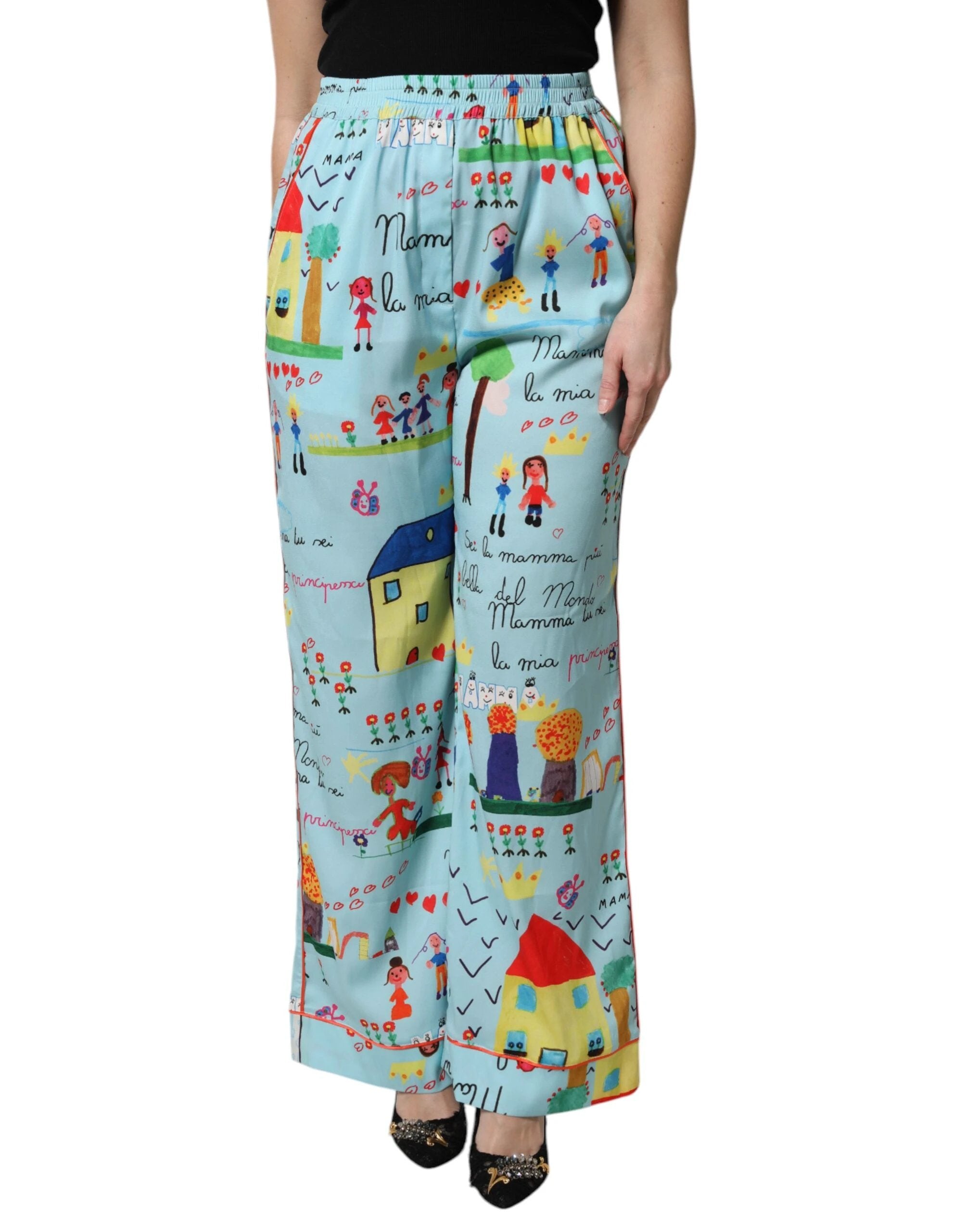 Dolce & Gabbana Light Blue Drawing Mid Waist Wide Leg Pants by Dolce & Gabbana