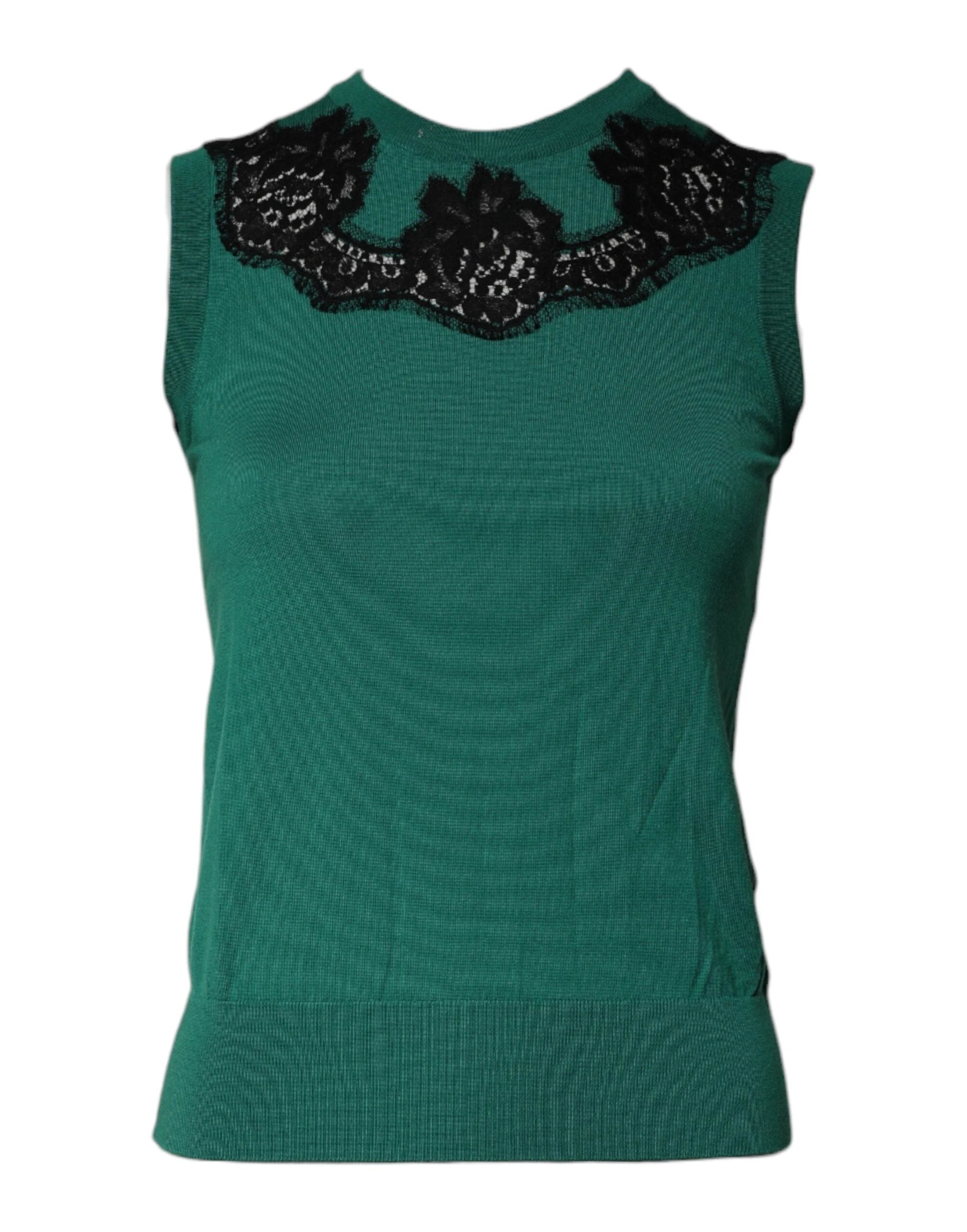Dolce & Gabbana Green Wool Lace Detail Sleeveless Tank Top by Dolce & Gabbana