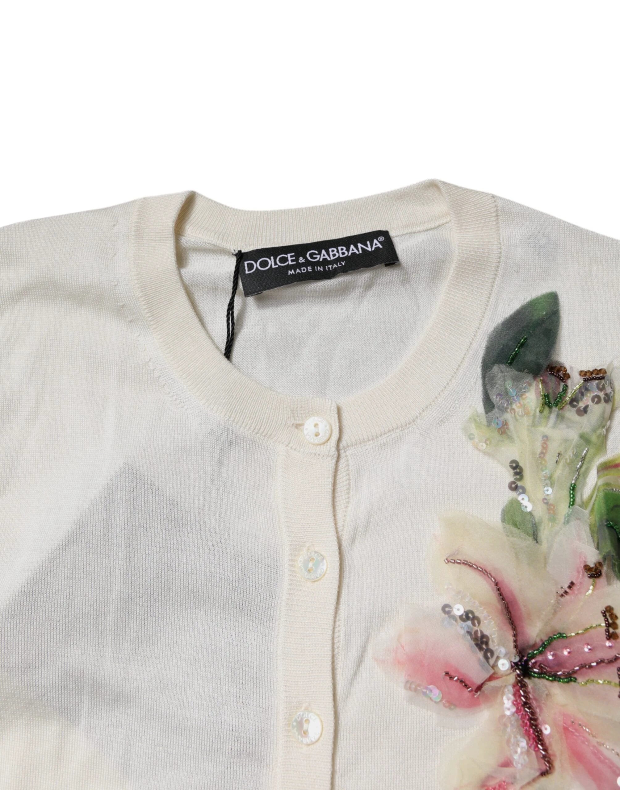 Dolce & Gabbana Cream Floral Silk Embellished Cardigan Sweater by Dolce & Gabbana