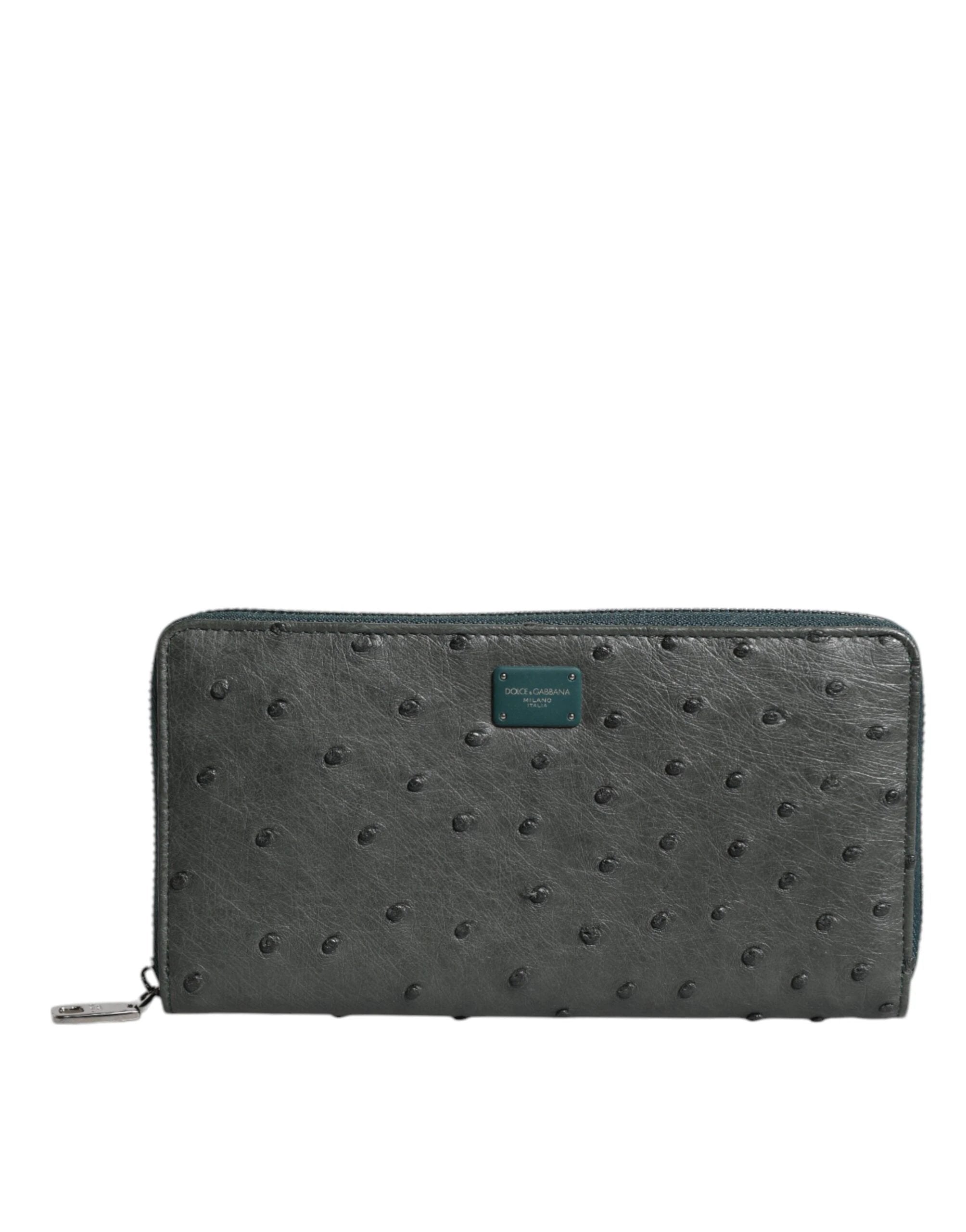 Dolce & Gabbana Green Ostrich Logo Plaque Zip Around Continental Wallet by Dolce & Gabbana