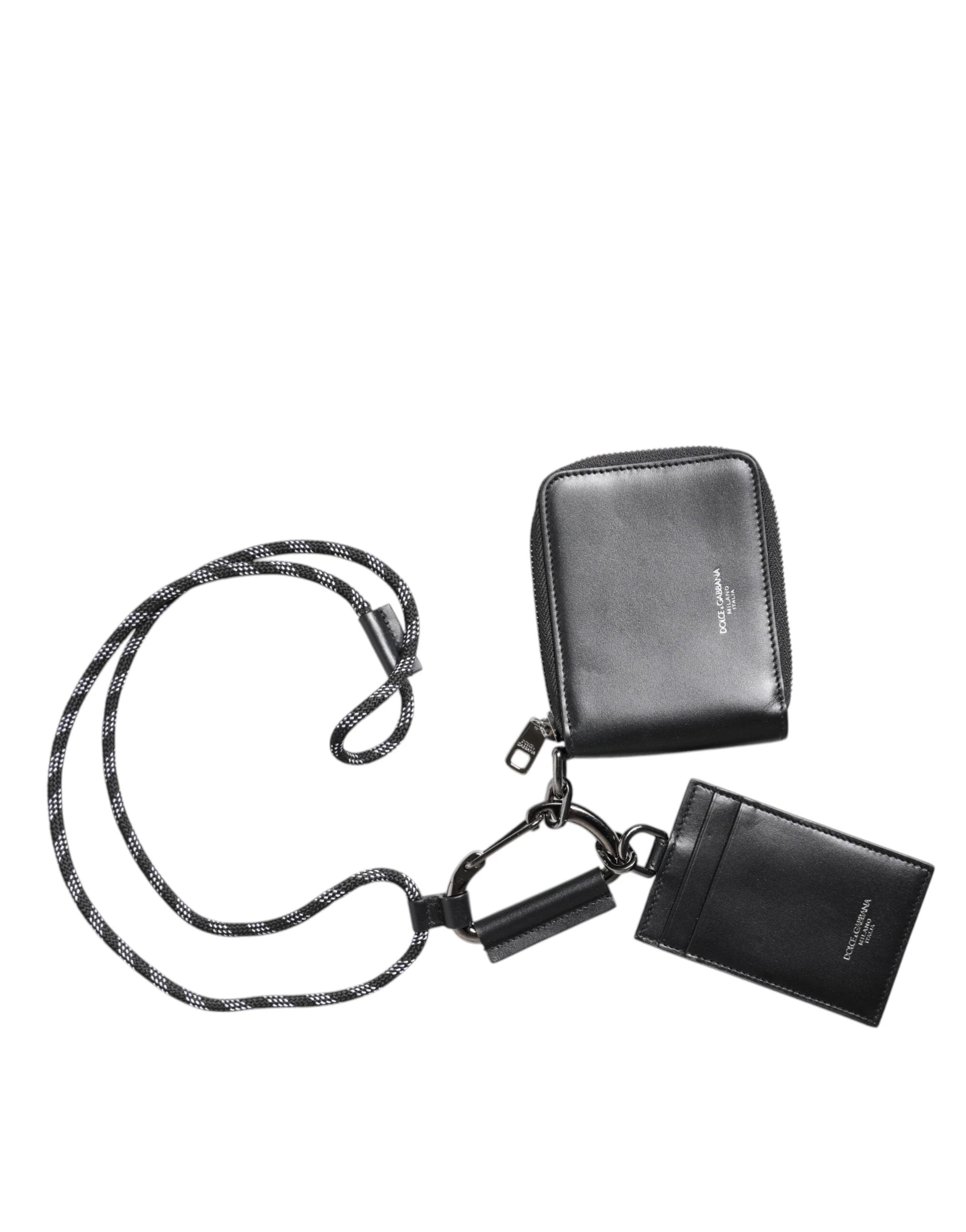Dolce & Gabbana Black Leather Lanyard Zip Around Card Holder Wallet by Dolce & Gabbana