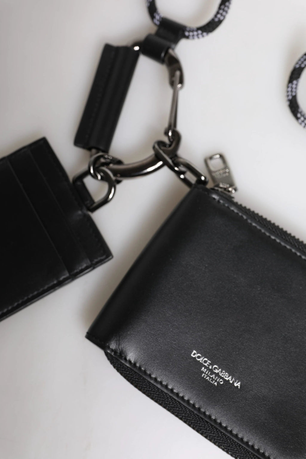 Dolce & Gabbana Black Leather Lanyard Zip Around Card Holder Wallet by Dolce & Gabbana