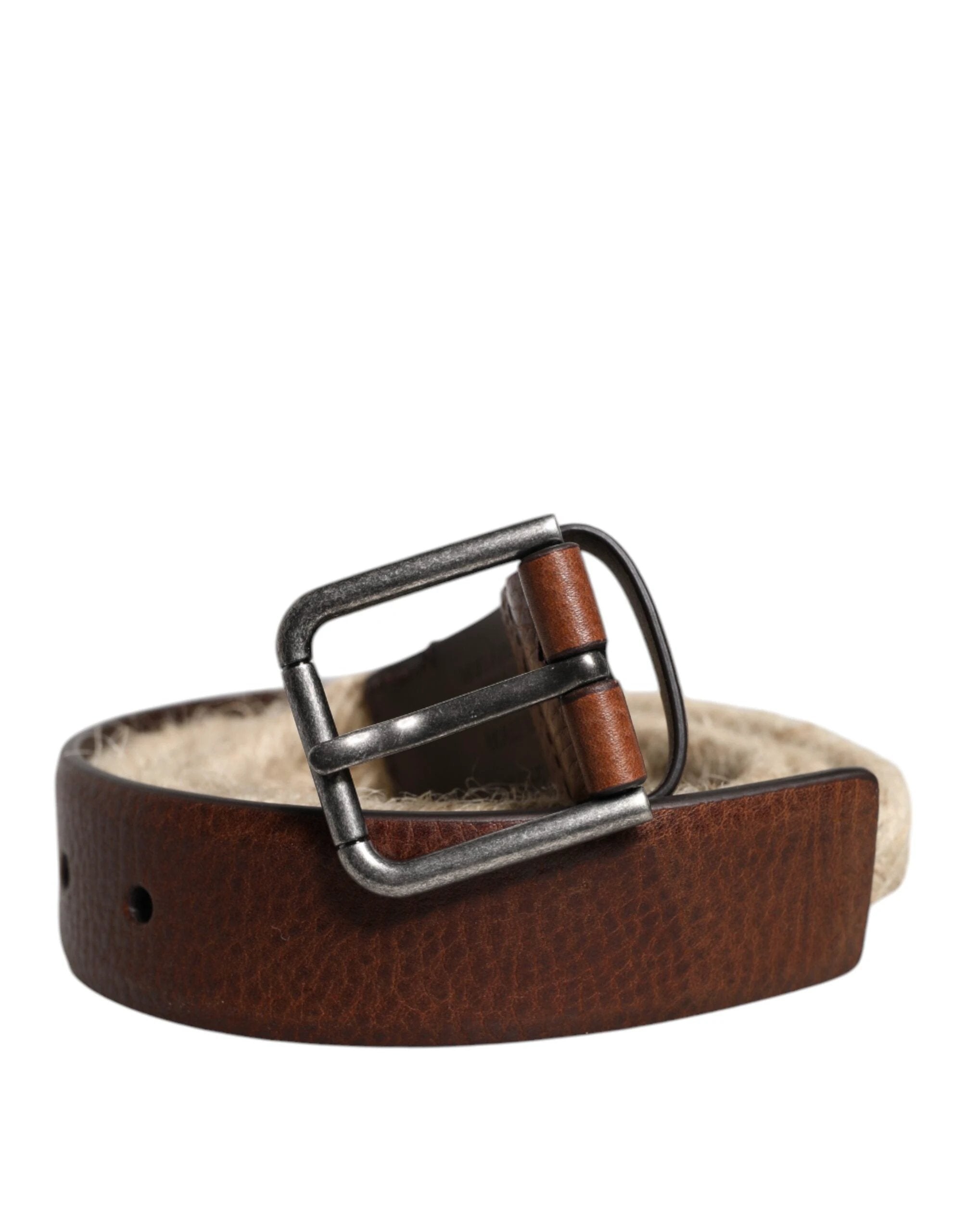 Dolce & Gabbana Brown Jute Leather Woven Metal Buckle Belt by Dolce & Gabbana