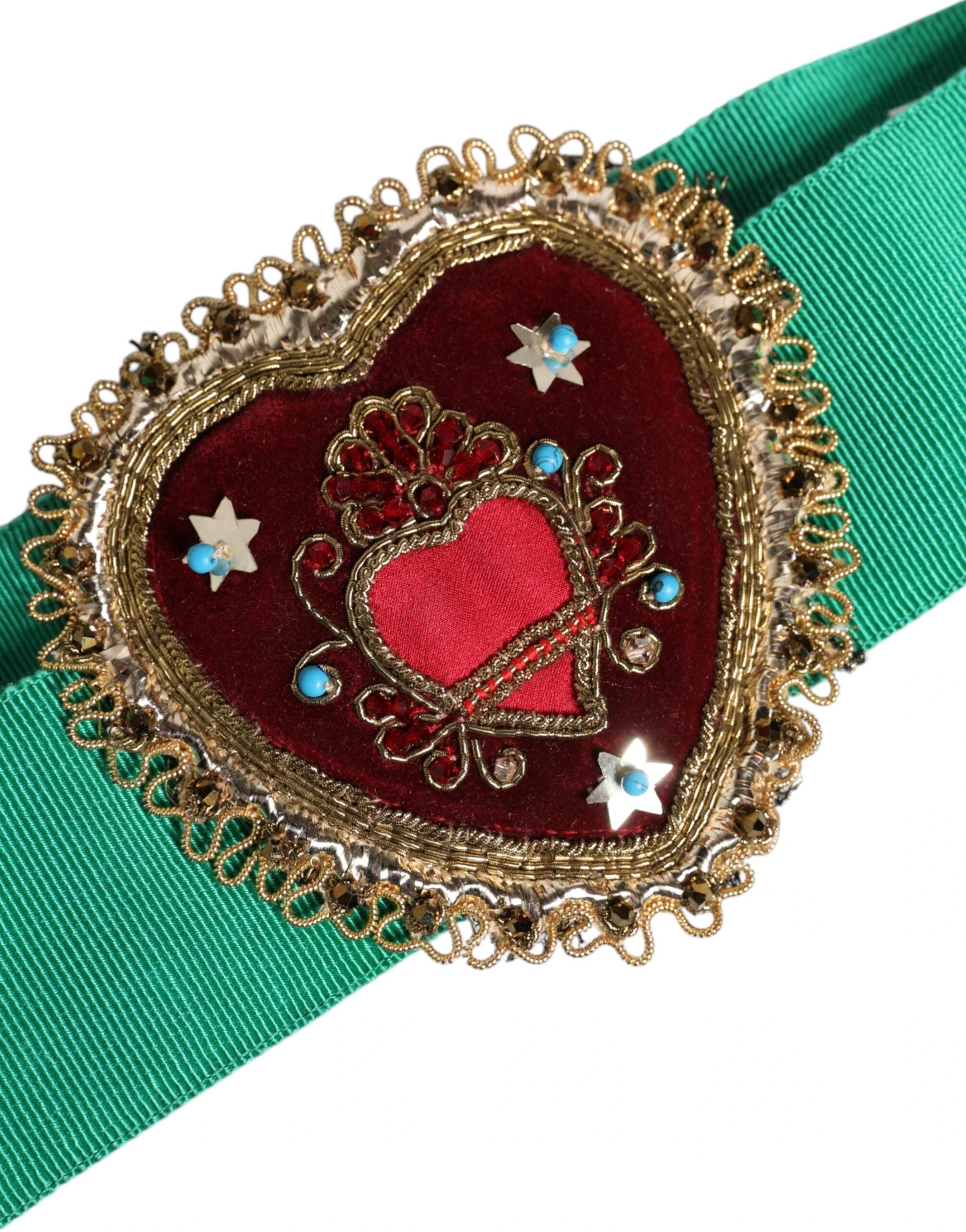 Dolce & Gabbana Green Stretch Wide Waist Heart Embellished Belt by Dolce & Gabbana