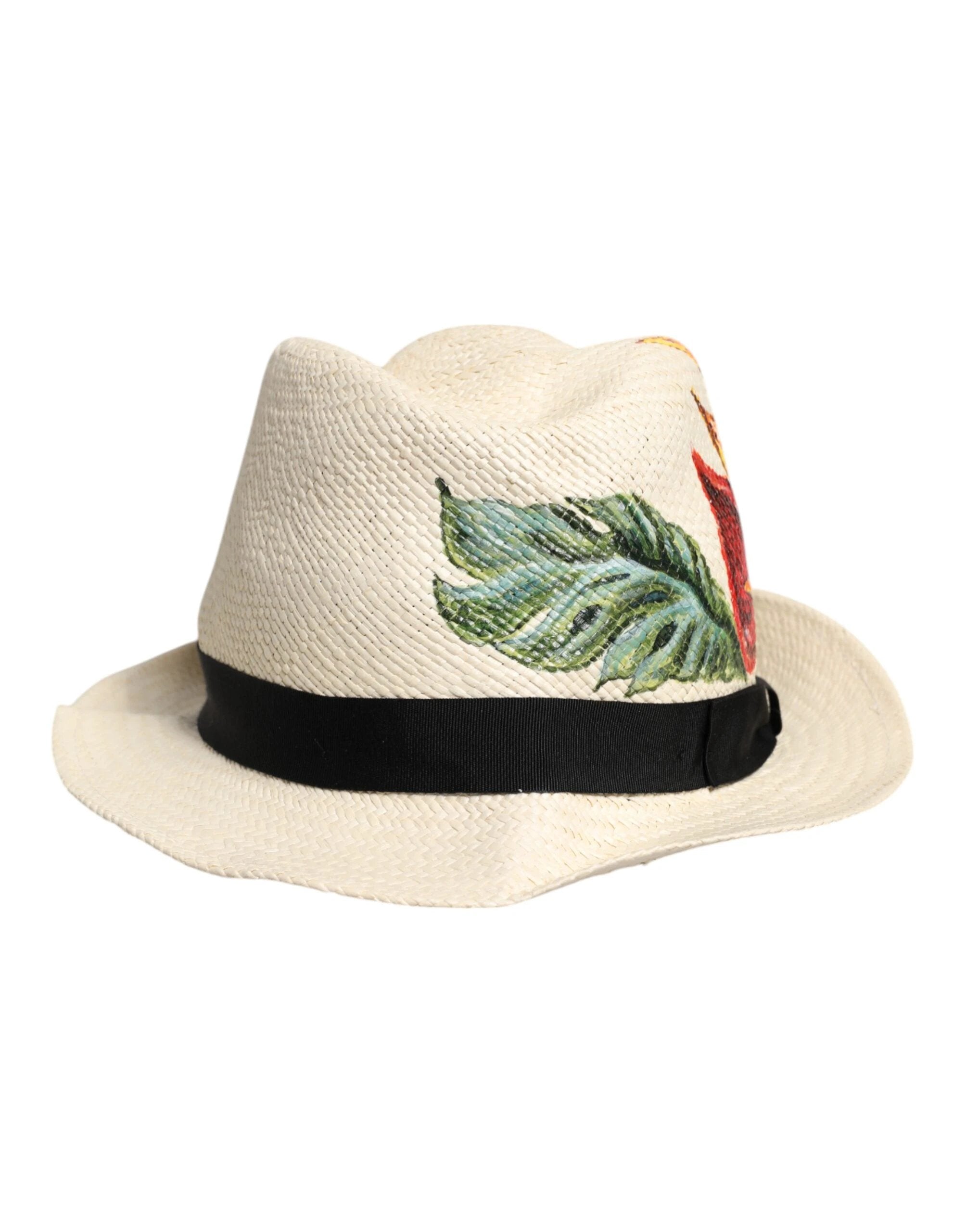 Dolce & Gabbana Beige Floral Print Straw Wide Brim Fedora Hat by Dolce & Gabbana