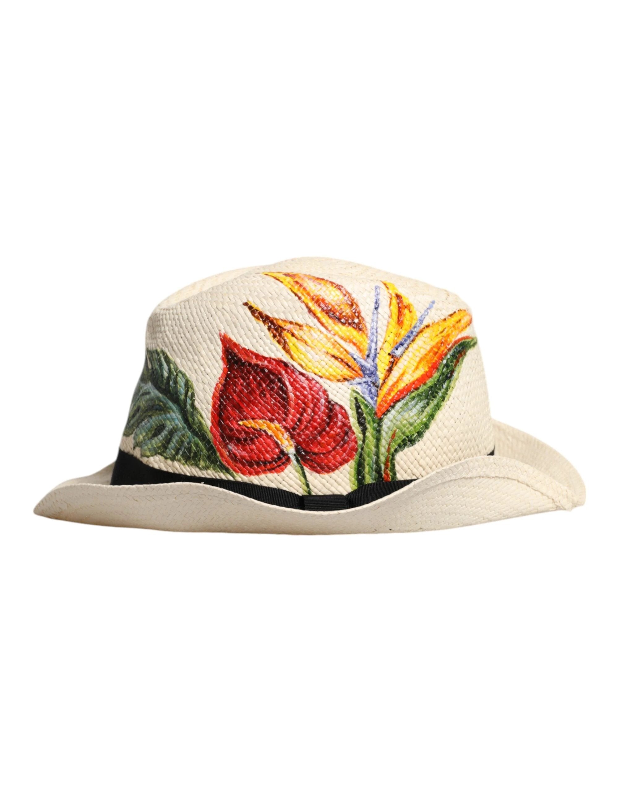 Dolce & Gabbana Beige Floral Print Straw Wide Brim Fedora Hat by Dolce & Gabbana