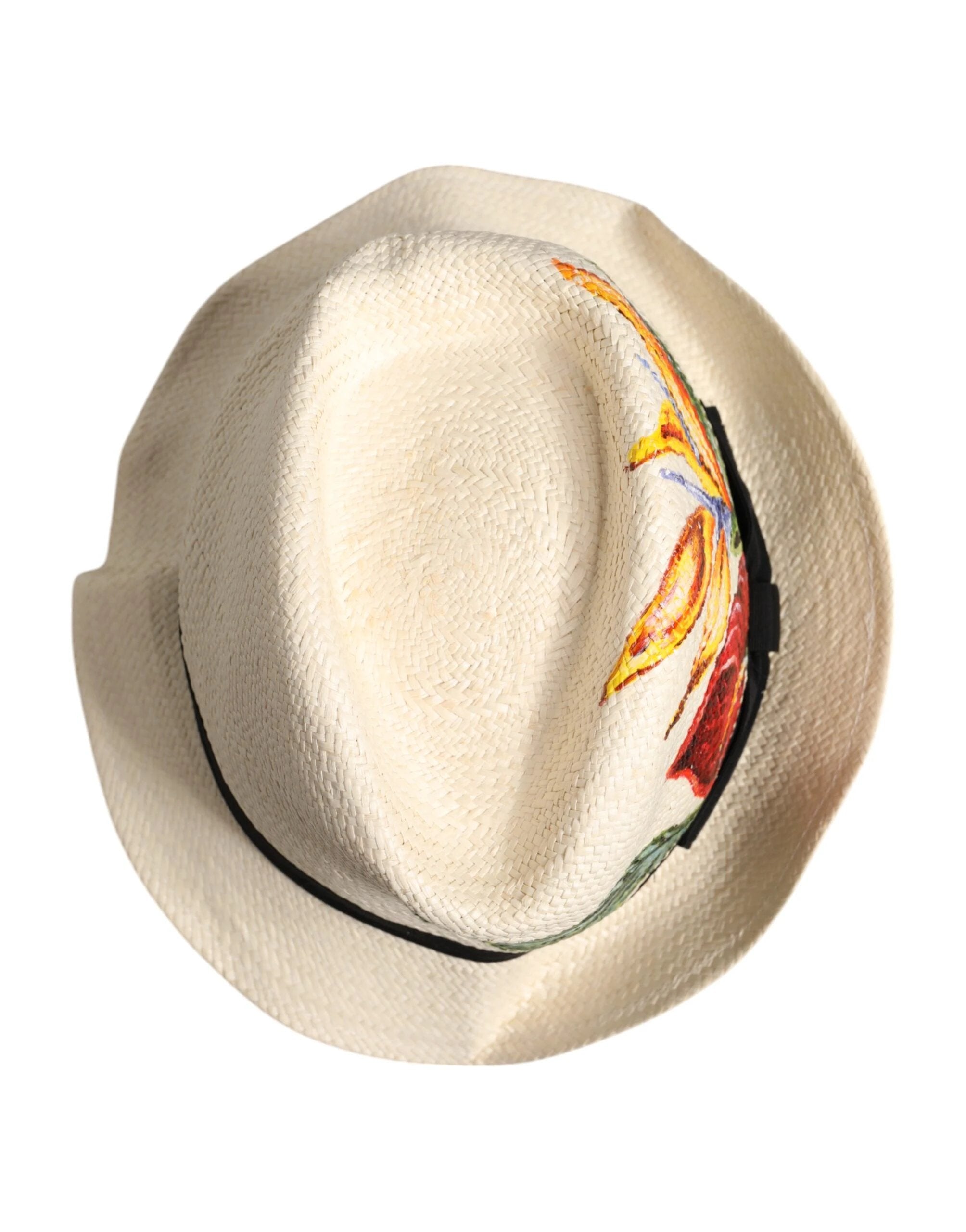 Dolce & Gabbana Beige Floral Print Straw Wide Brim Fedora Hat by Dolce & Gabbana