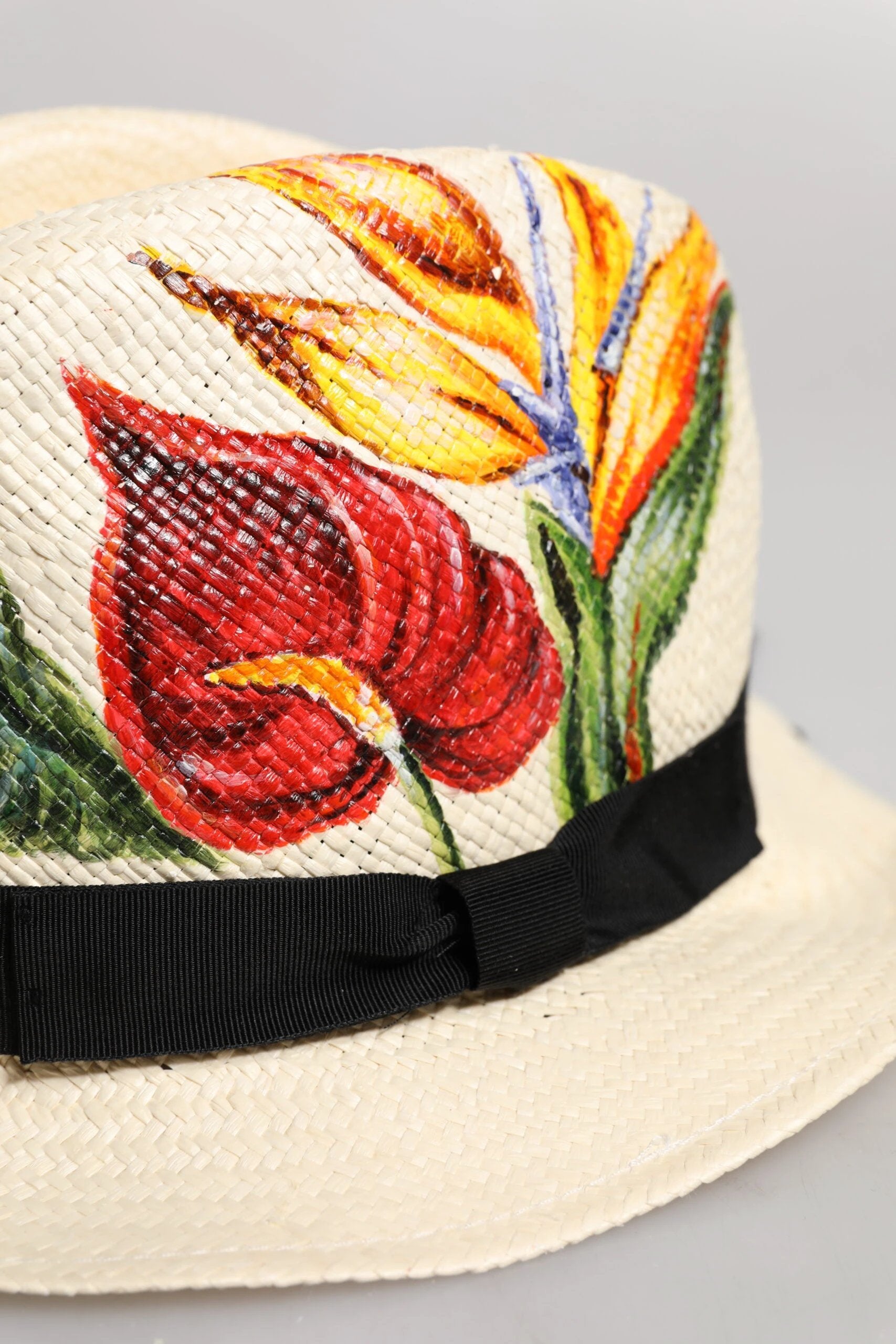 Dolce & Gabbana Beige Floral Print Straw Wide Brim Fedora Hat by Dolce & Gabbana