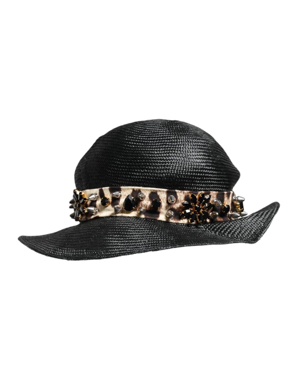 Dolce & Gabbana Black Straw Crystal Embellished Wide Brim Hat by Dolce & Gabbana