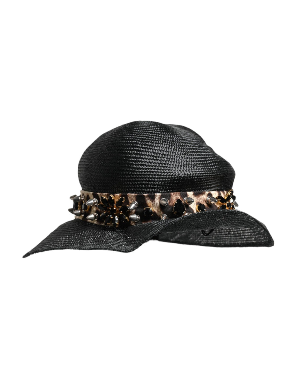 Dolce & Gabbana Black Straw Crystal Embellished Wide Brim Hat by Dolce & Gabbana