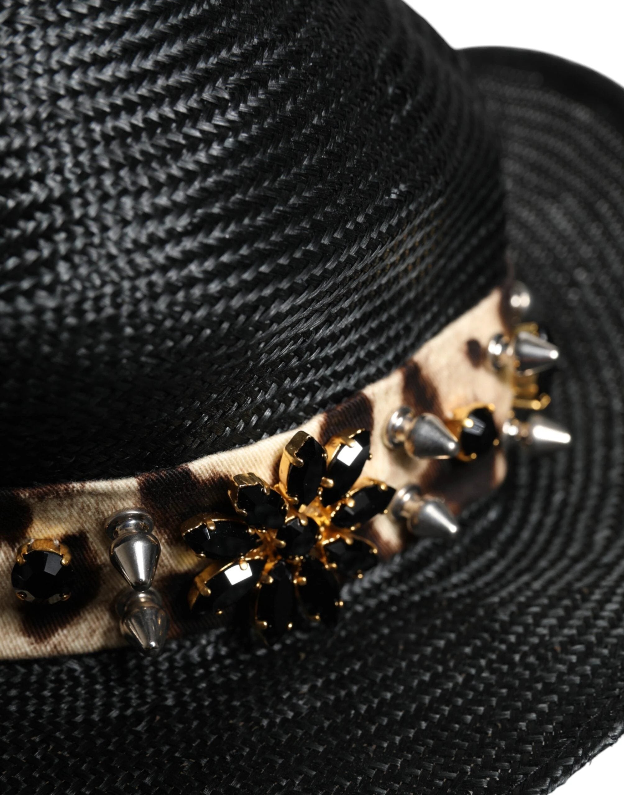 Dolce & Gabbana Black Straw Crystal Embellished Wide Brim Hat by Dolce & Gabbana