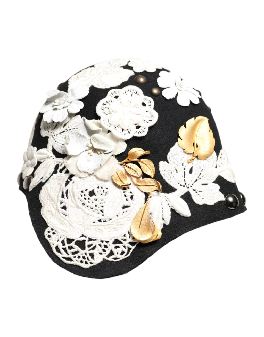 Dolce & Gabbana Black Wool White Floral Gold Leaf Cloche Hat by Dolce & Gabbana