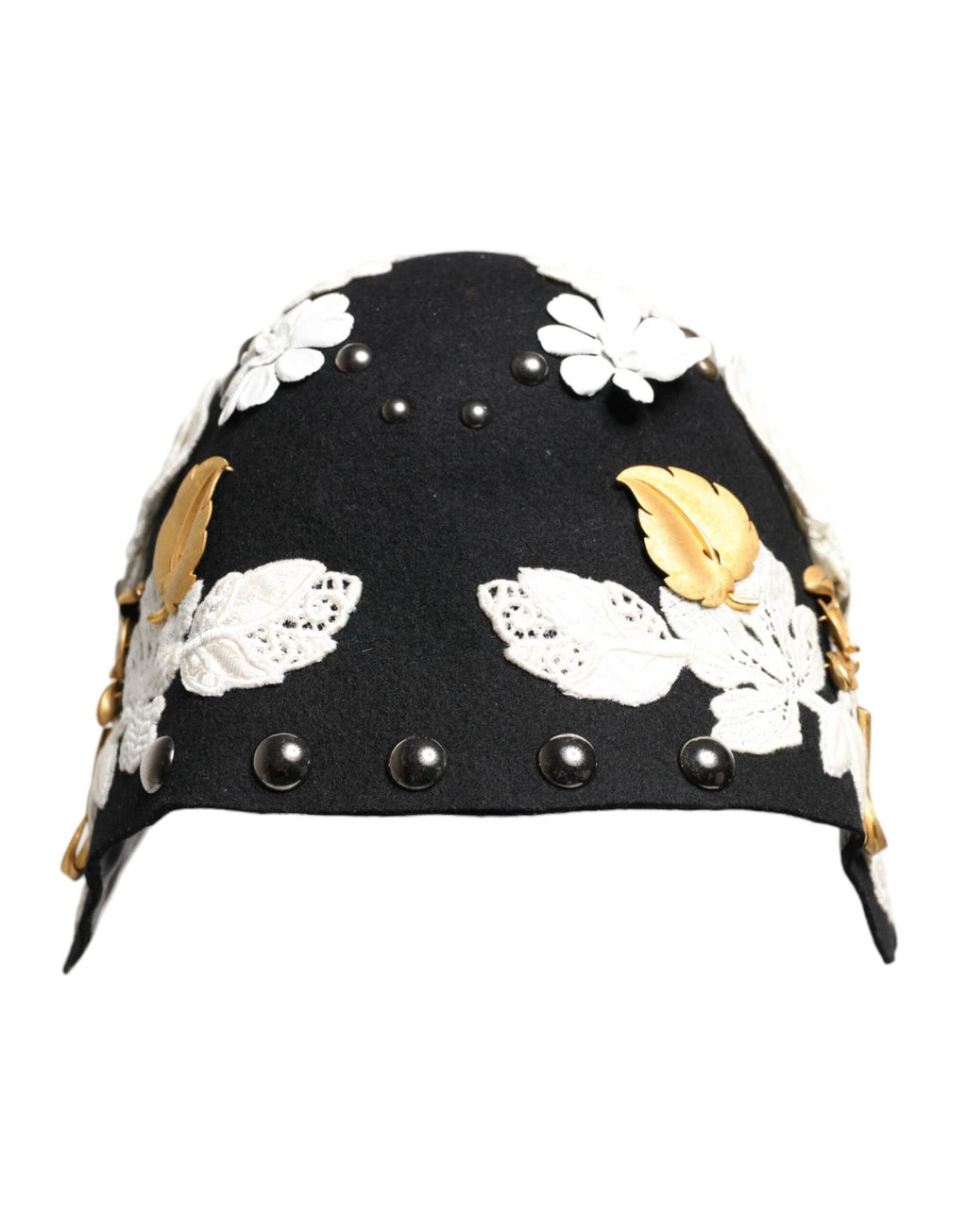 Dolce & Gabbana Black Wool White Floral Gold Leaf Cloche Hat by Dolce & Gabbana