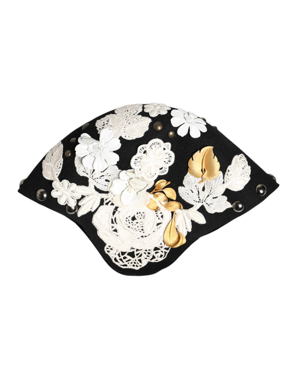 Dolce & Gabbana Black Wool White Floral Gold Leaf Cloche Hat by Dolce & Gabbana