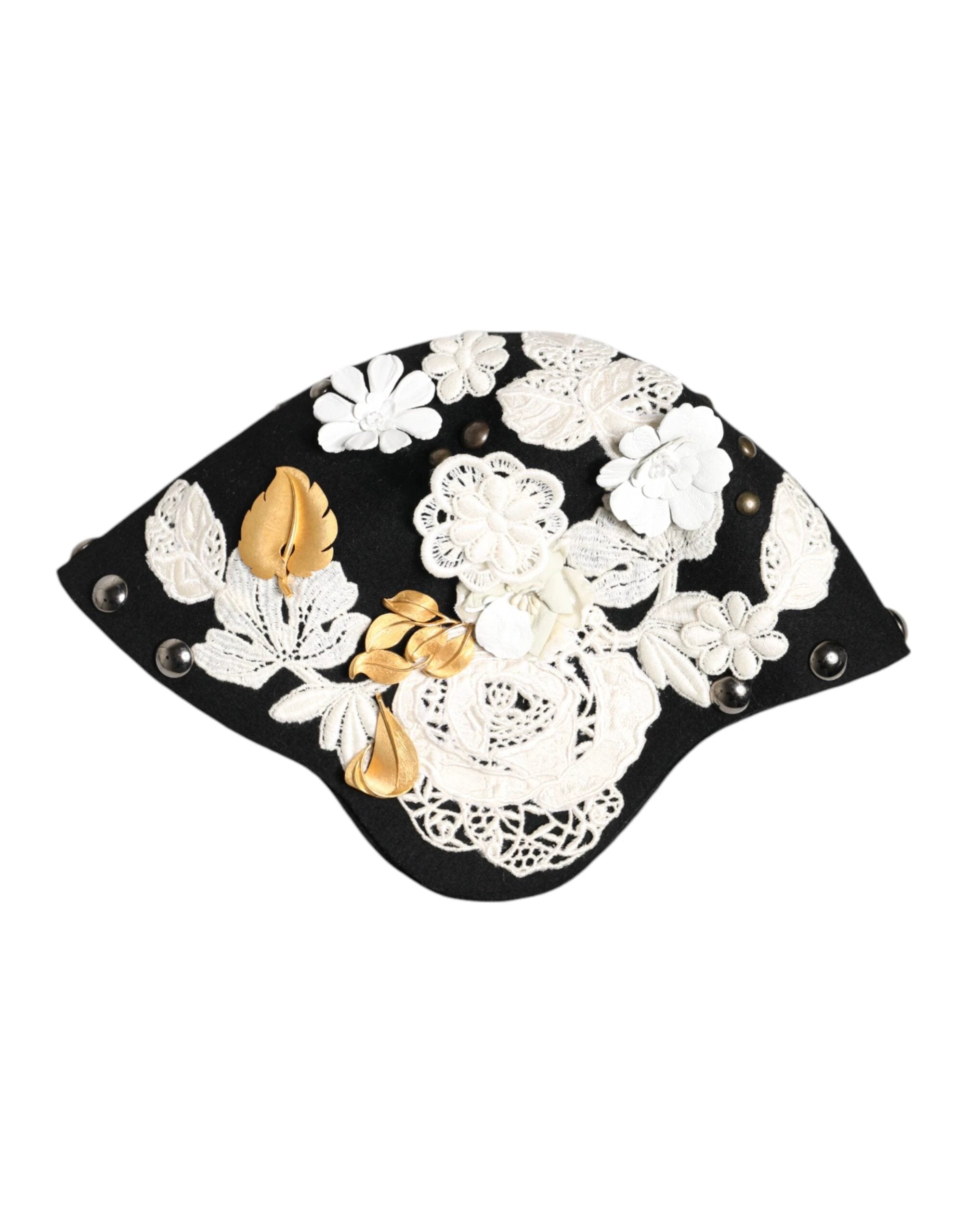 Dolce & Gabbana Black Wool White Floral Gold Leaf Cloche Hat by Dolce & Gabbana
