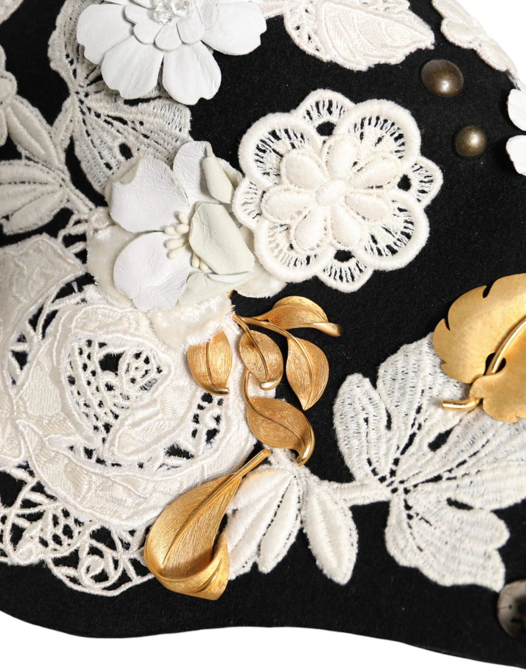 Dolce & Gabbana Black Wool White Floral Gold Leaf Cloche Hat by Dolce & Gabbana