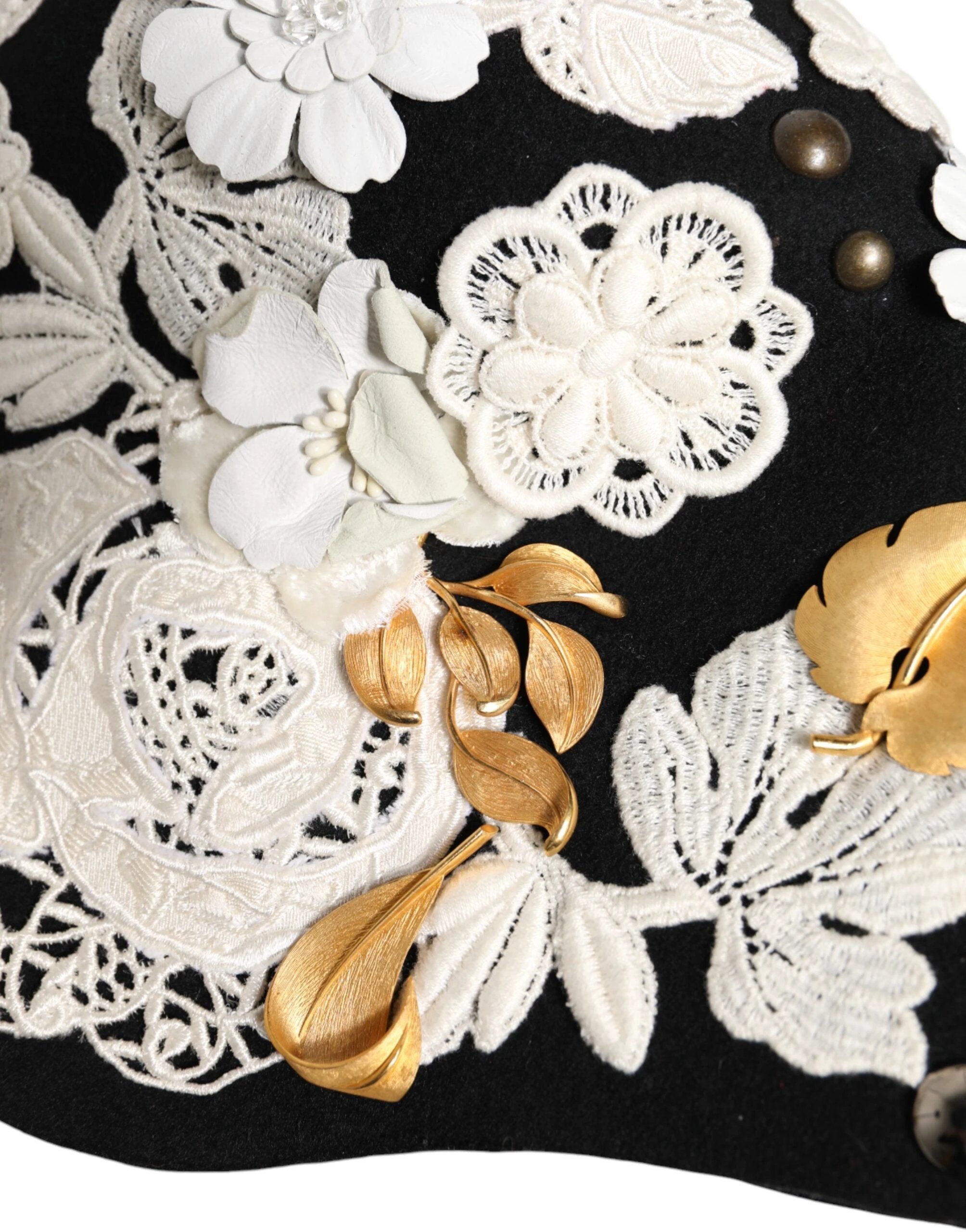Dolce & Gabbana Black Wool White Floral Gold Leaf Cloche Hat by Dolce & Gabbana