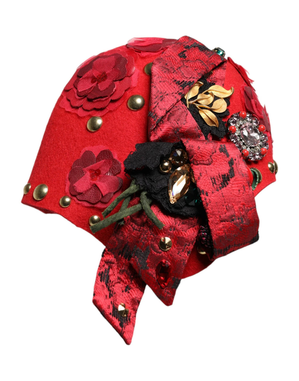 Dolce & Gabbana Red Crystal Gold Roses Brooch Embellished Hat by Dolce & Gabbana