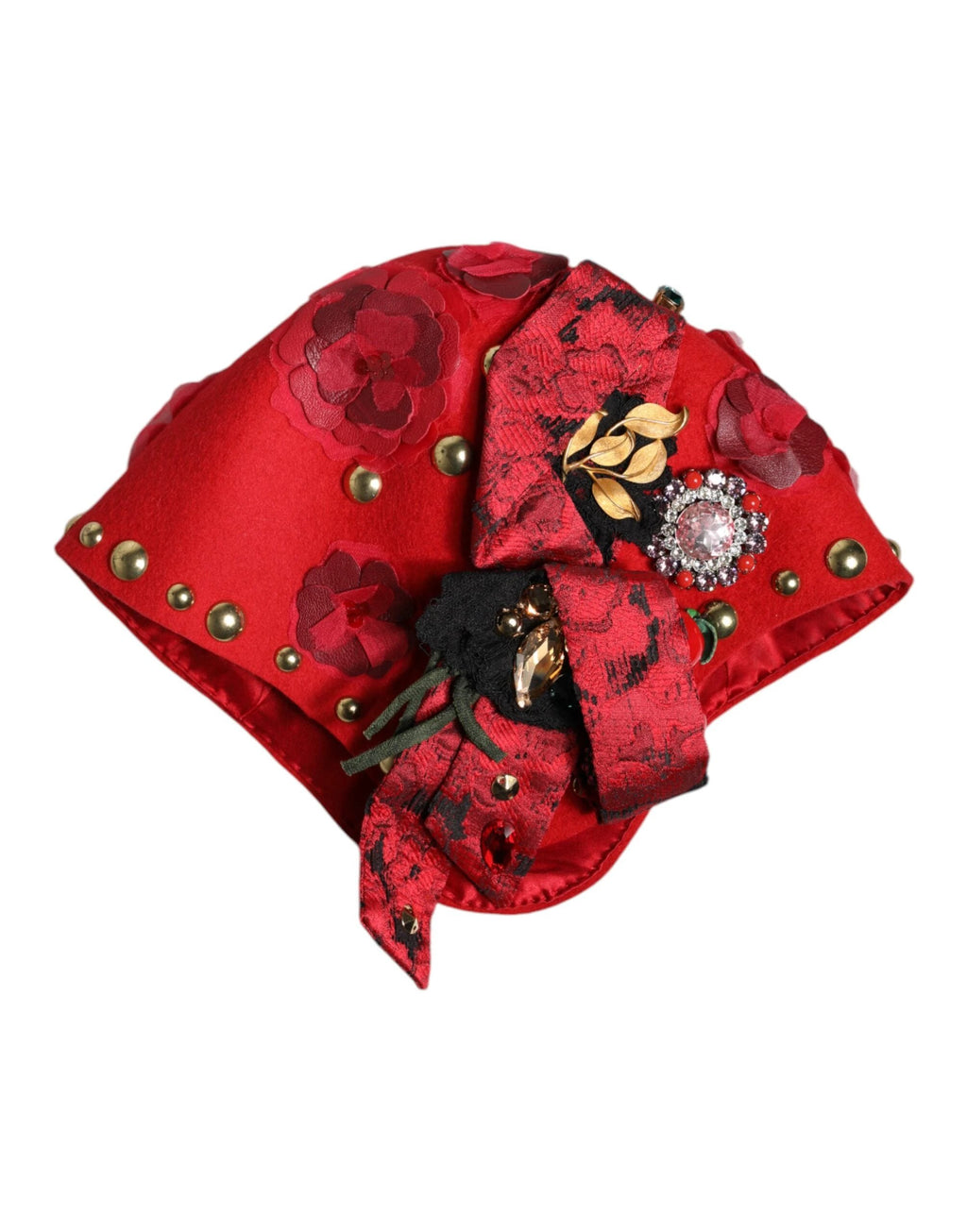 Dolce & Gabbana Red Crystal Gold Roses Brooch Embellished Hat by Dolce & Gabbana