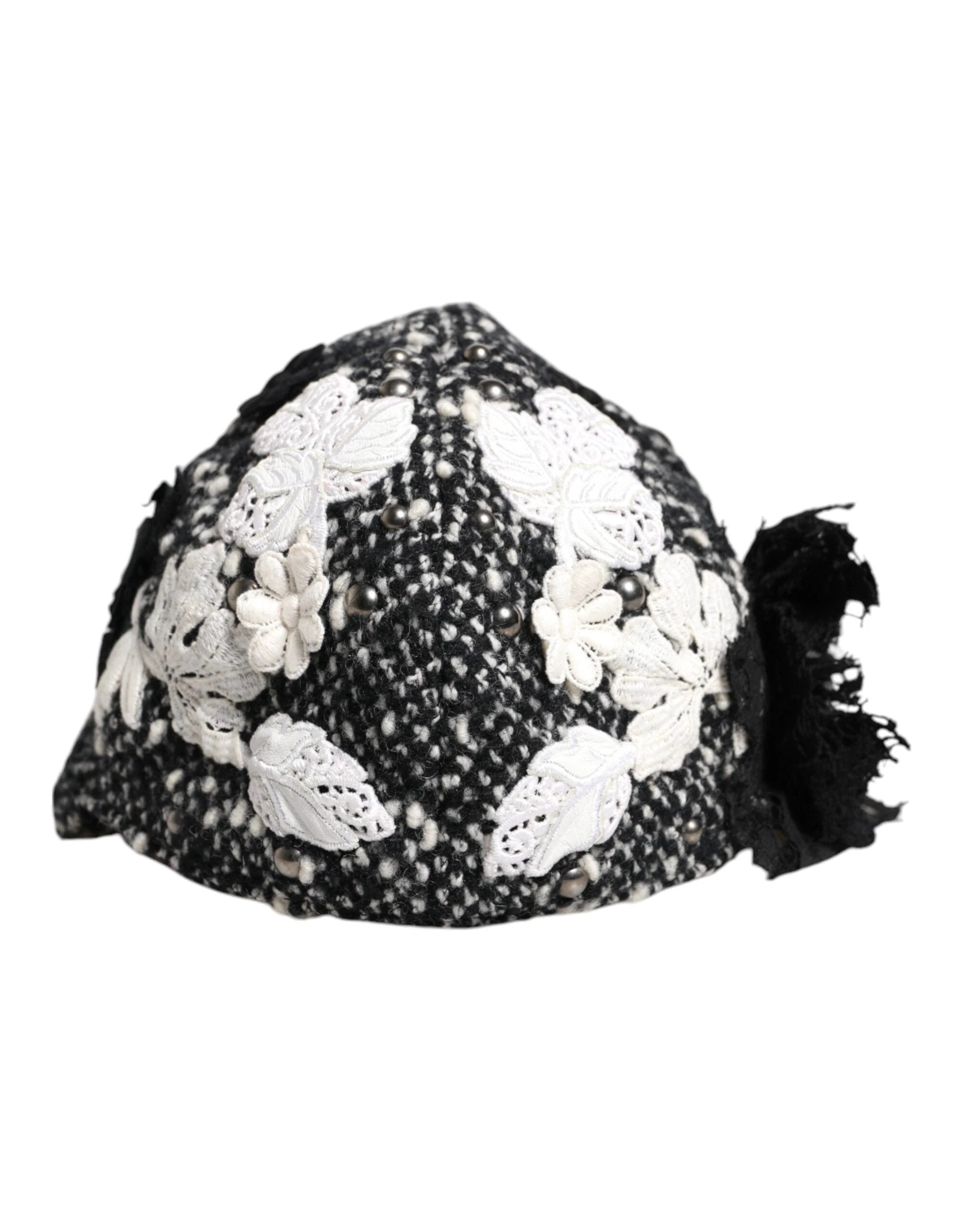 Dolce & Gabbana Black Wool White Floral Embellished Cloche Hat by Dolce & Gabbana