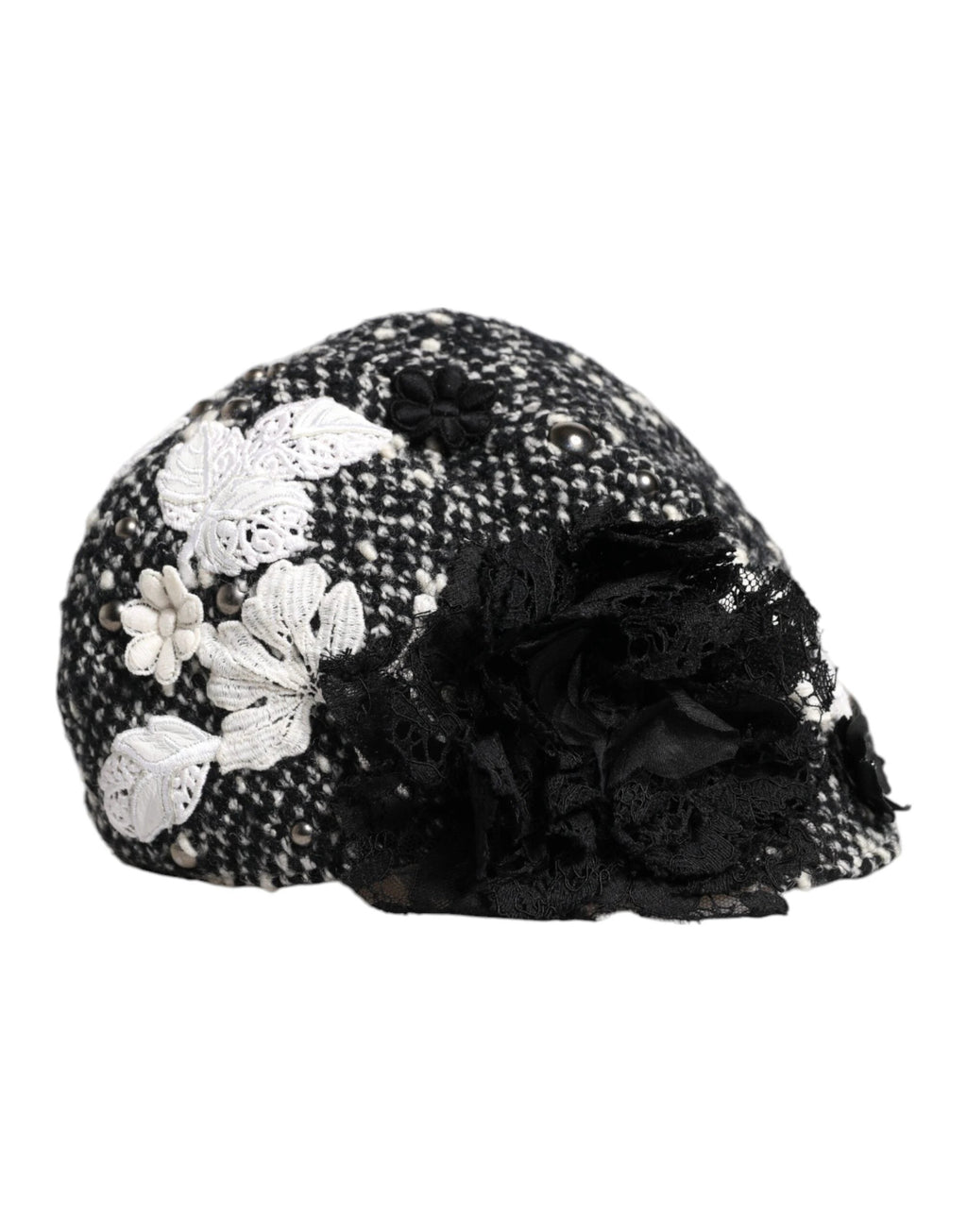 Dolce & Gabbana Black Wool White Floral Embellished Cloche Hat by Dolce & Gabbana