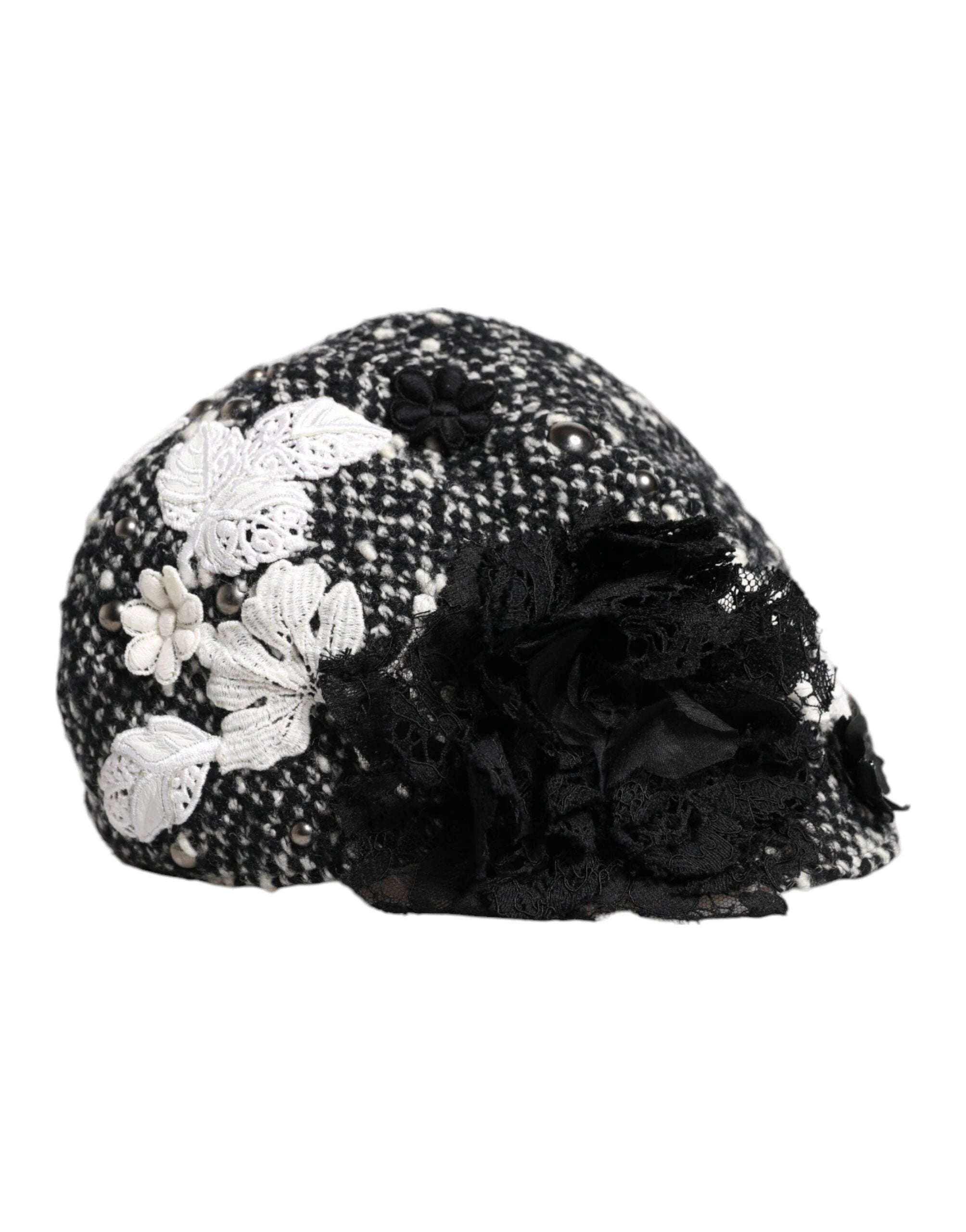 Dolce & Gabbana Black Wool White Floral Embellished Cloche Hat by Dolce & Gabbana