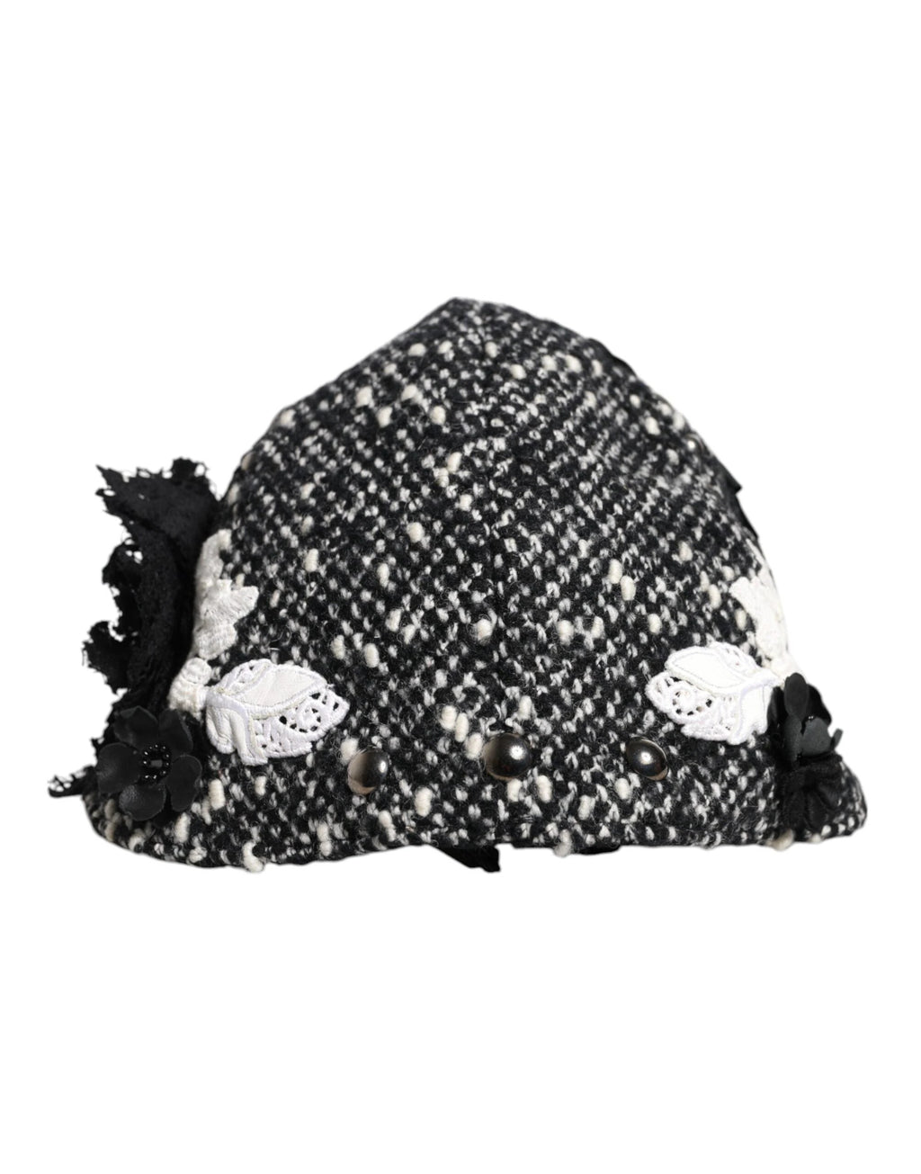 Dolce & Gabbana Black Wool White Floral Embellished Cloche Hat by Dolce & Gabbana
