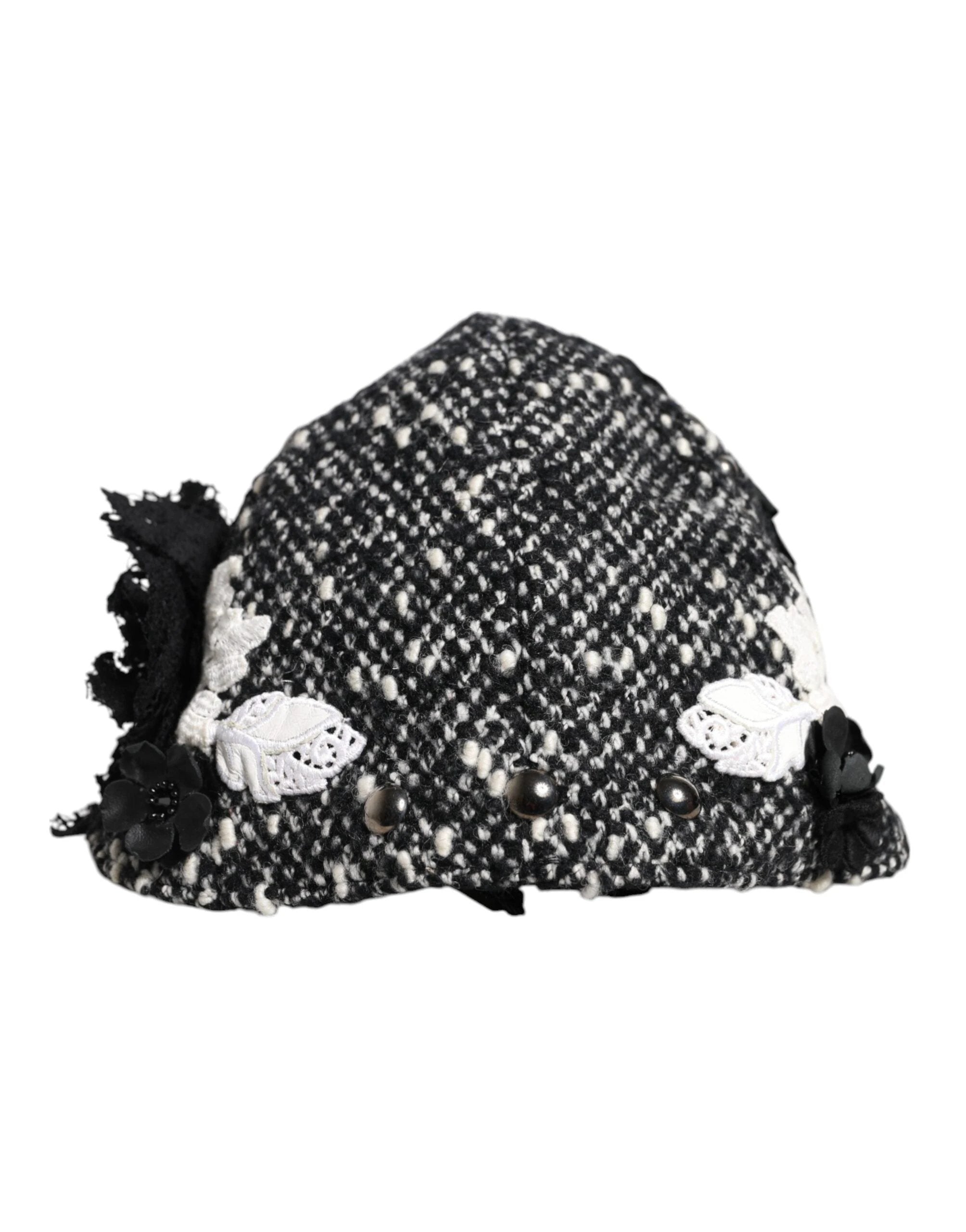 Dolce & Gabbana Black Wool White Floral Embellished Cloche Hat by Dolce & Gabbana